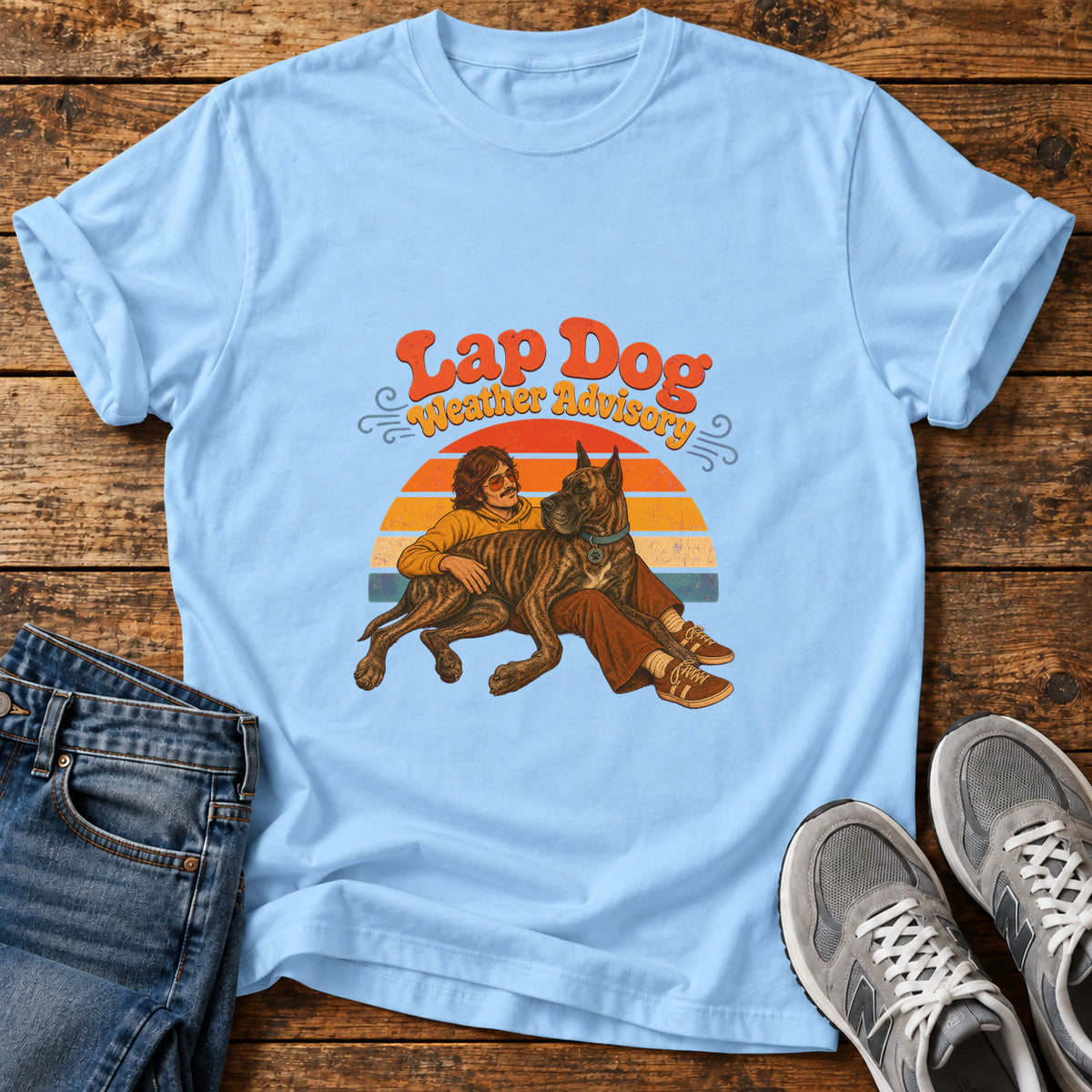 Lap Dog Advisory Great Dane graphic T-shirt in Light Blue, shown on a flat-lay shirt mockup