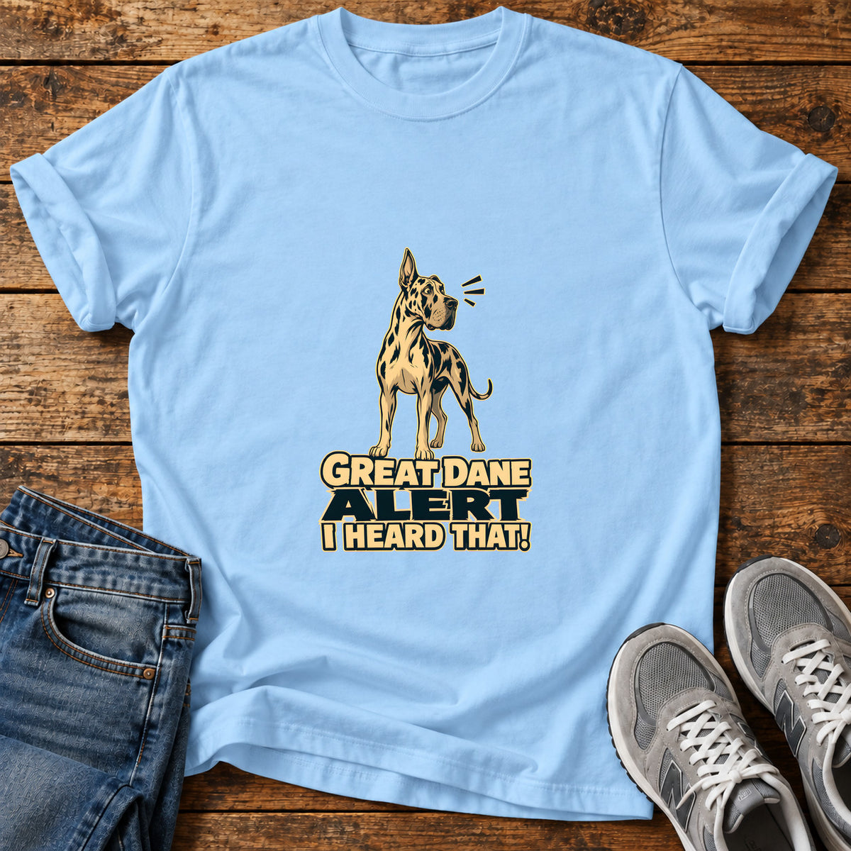 Great Dane Alert graphic T-shirt in Light Blue, shown on a flat-lay shirt mockup