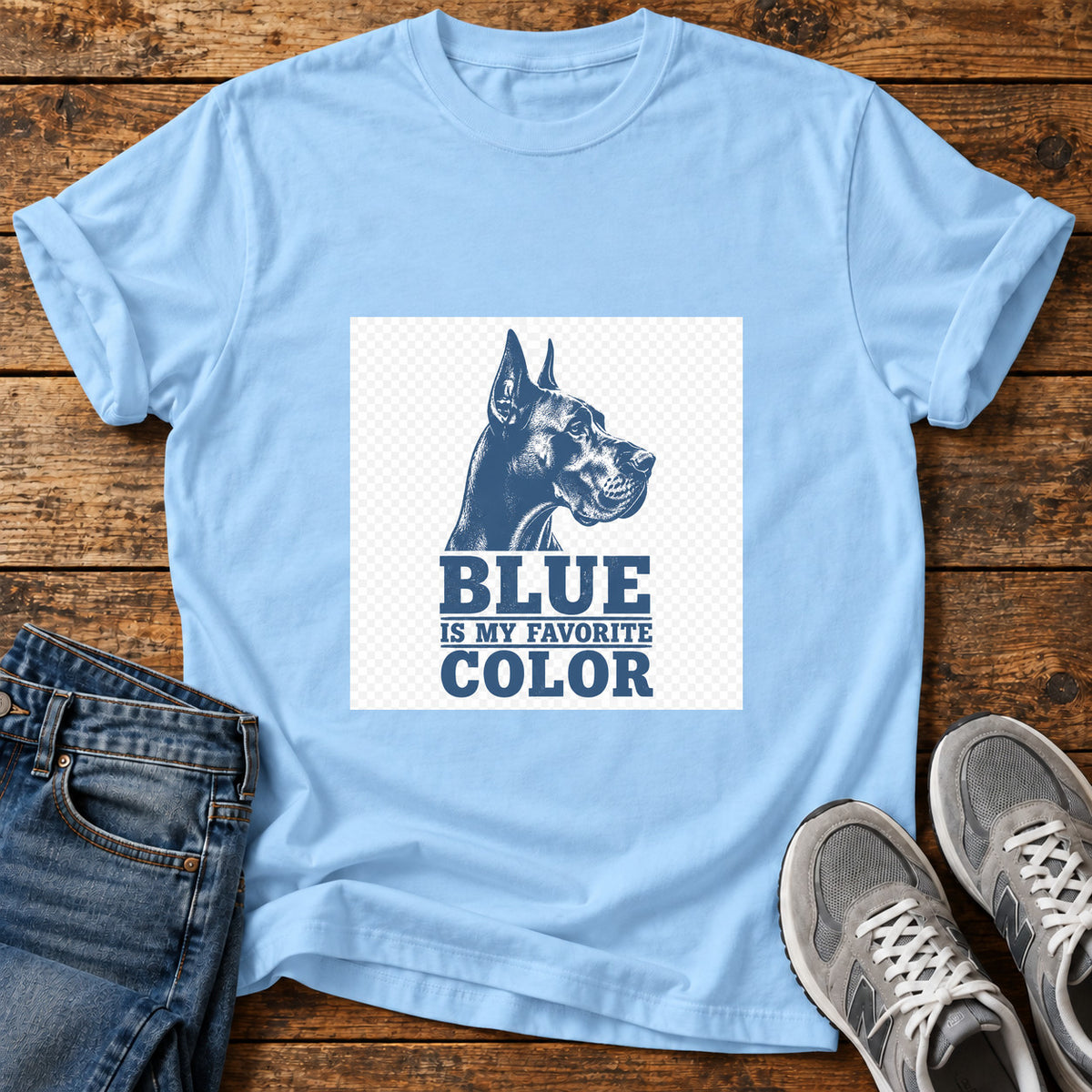 Blue Favorite Color Great Dane graphic T-shirt in Light Blue, shown on a flat-lay shirt mockup