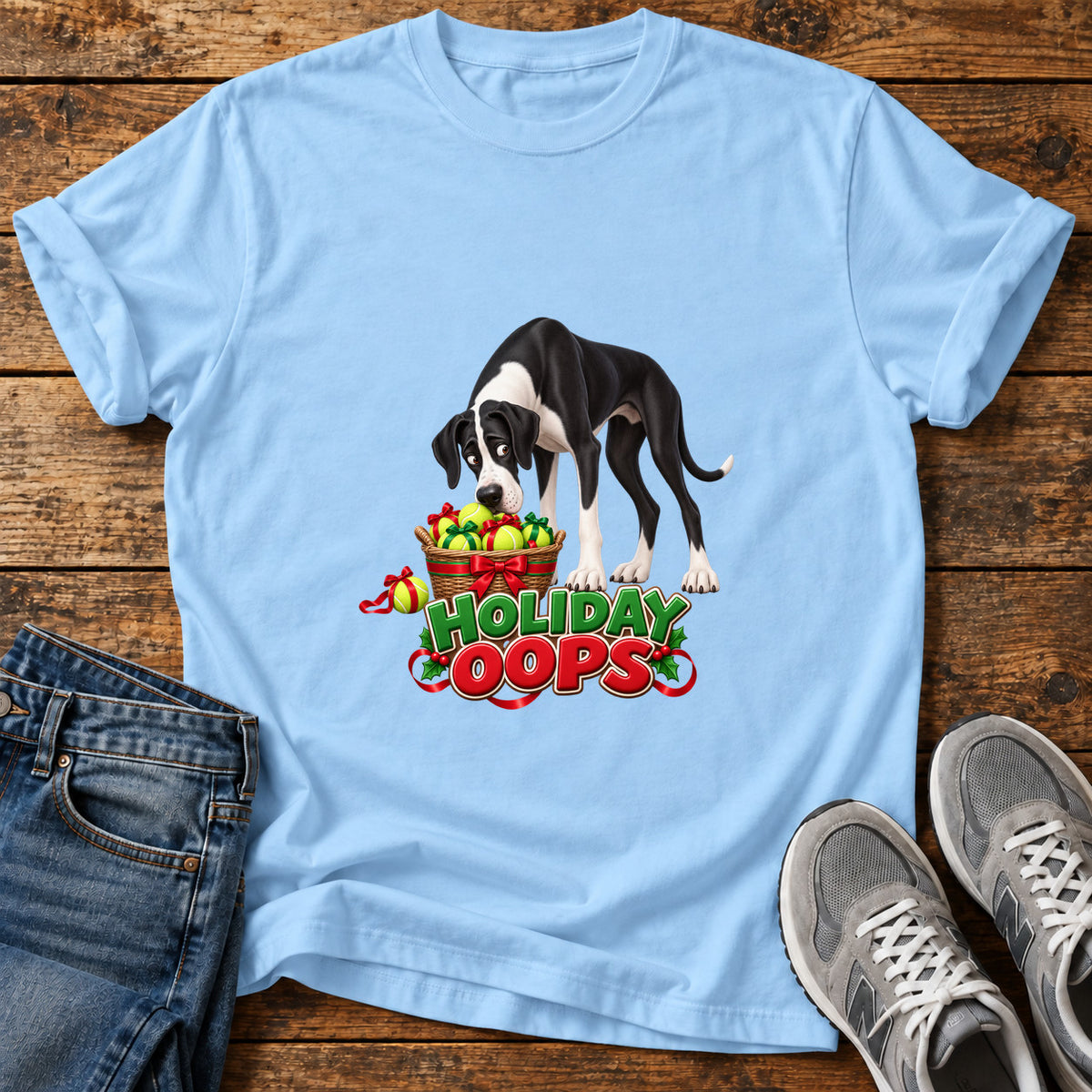 Holiday Oops Great Dane graphic T-shirt in Light Blue, shown on a flat-lay shirt mockup