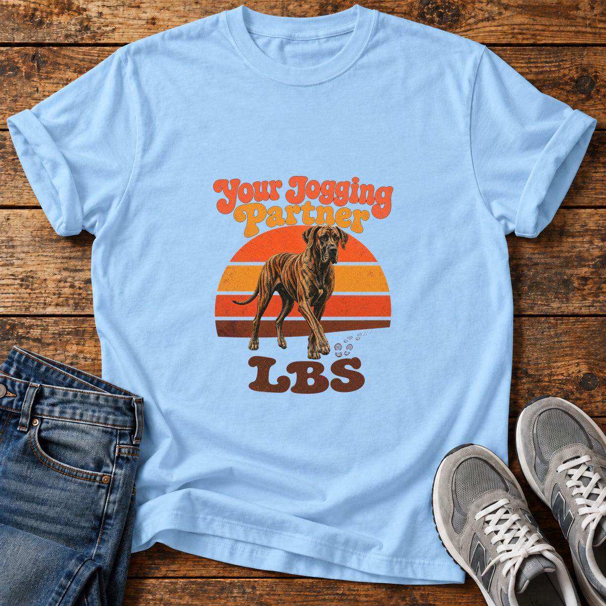 Jogging Partner LBS Great Dane graphic T-shirt in Light Blue, shown on a flat-lay shirt mockup