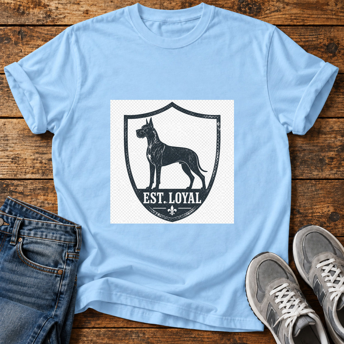Est Loyal Great Dane graphic T-shirt in Light Blue, shown on a flat-lay shirt mockup