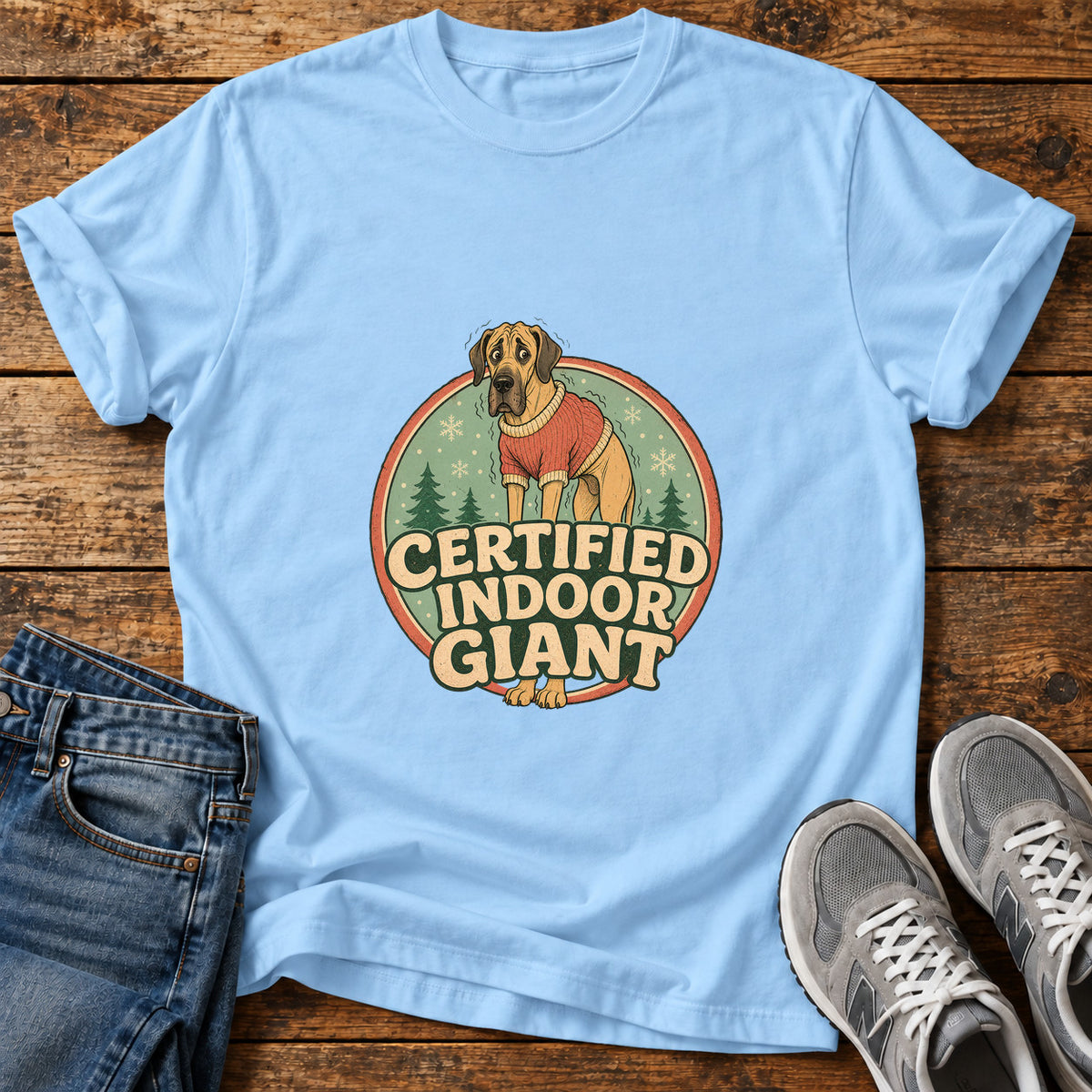 Certified Indoor Giant Great Dane graphic T-shirt in Light Blue, shown on a flat-lay shirt mockup