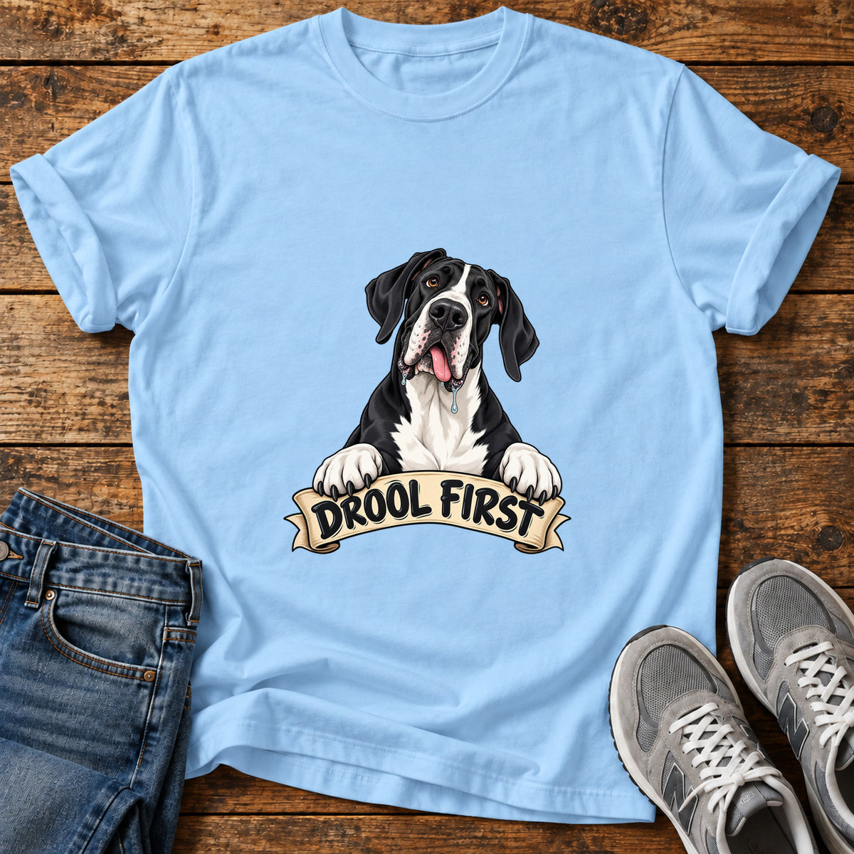 Drool First Great Dane graphic T-shirt in Light Blue, shown on a flat-lay shirt mockup