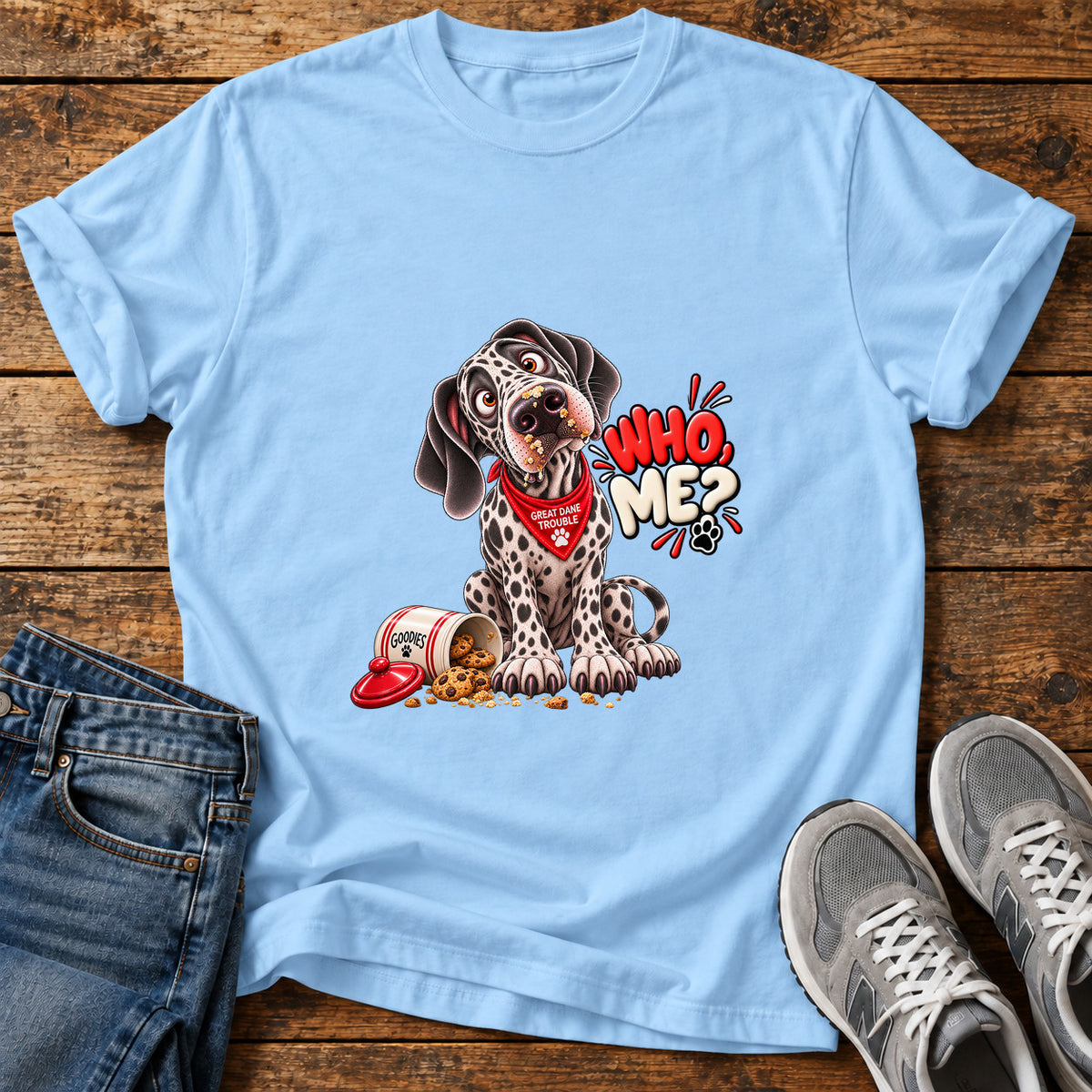 Who Me Great Dane graphic T-shirt in Light Blue, shown on a flat-lay shirt mockup