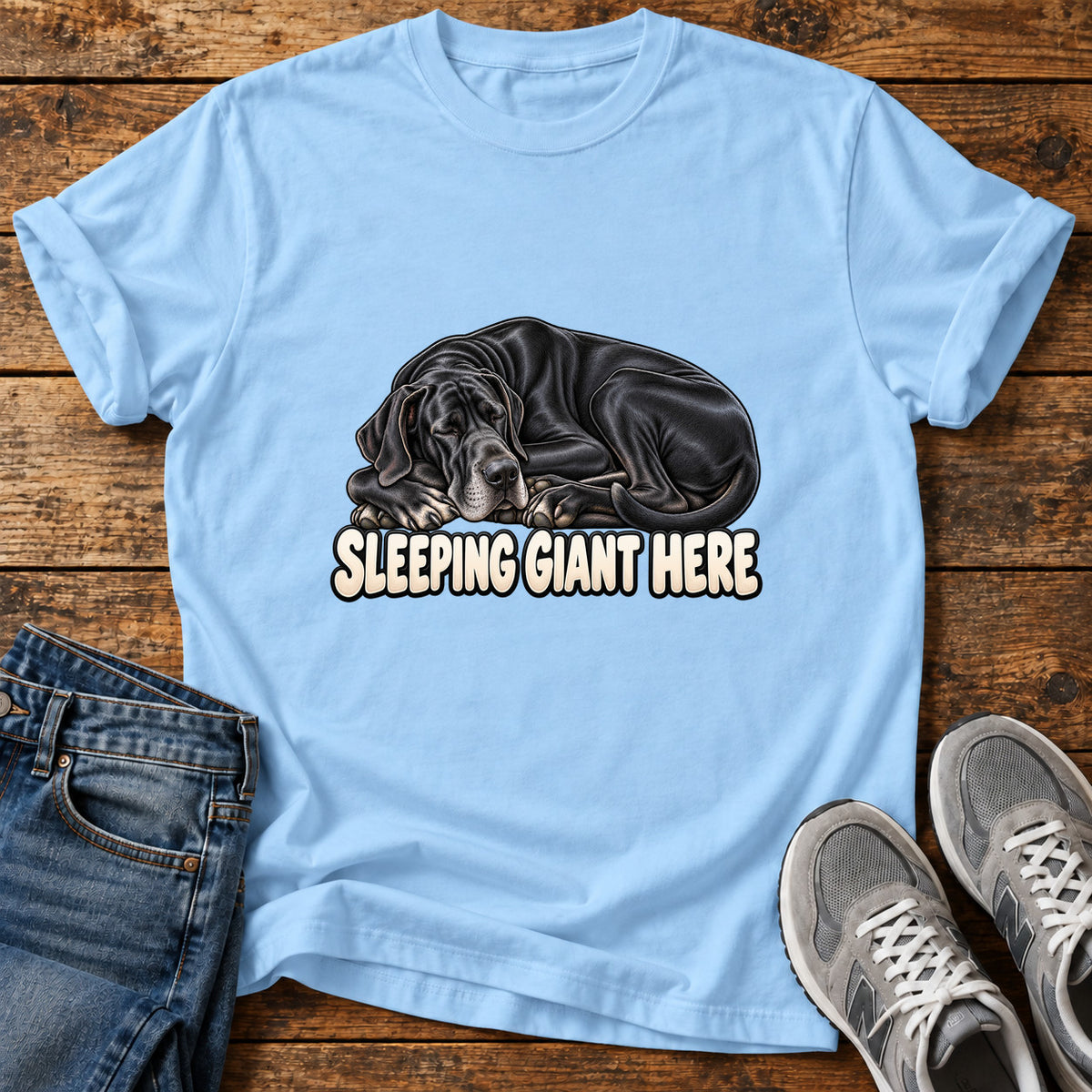 Sleeping Giant Great Dane graphic T-shirt in Light Blue, shown on a flat-lay shirt mockup