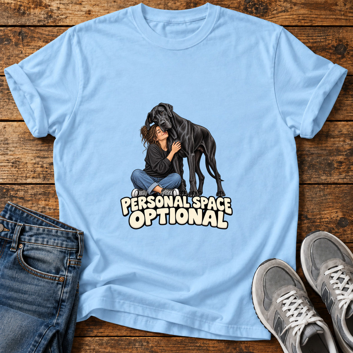 Personal Space Optional Great Dane graphic T-shirt in Light Blue, shown on a flat-lay shirt mockup
