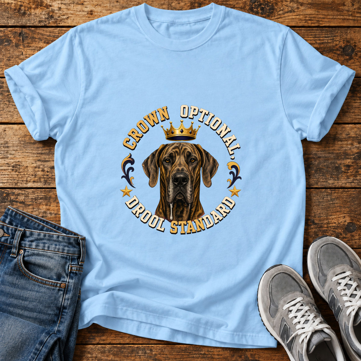 Crown Drool Standard Great Dane graphic T-shirt in Light Blue, shown on a flat-lay shirt mockup