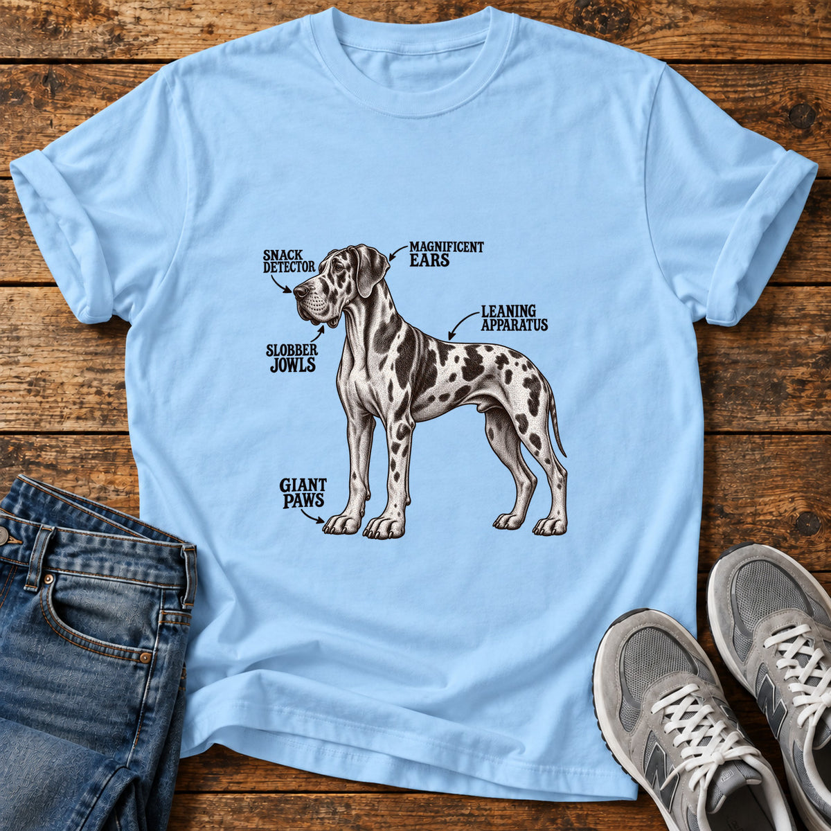 Magnificent Ears Great Dane graphic T-shirt in Light Blue, shown on a flat-lay shirt mockup
