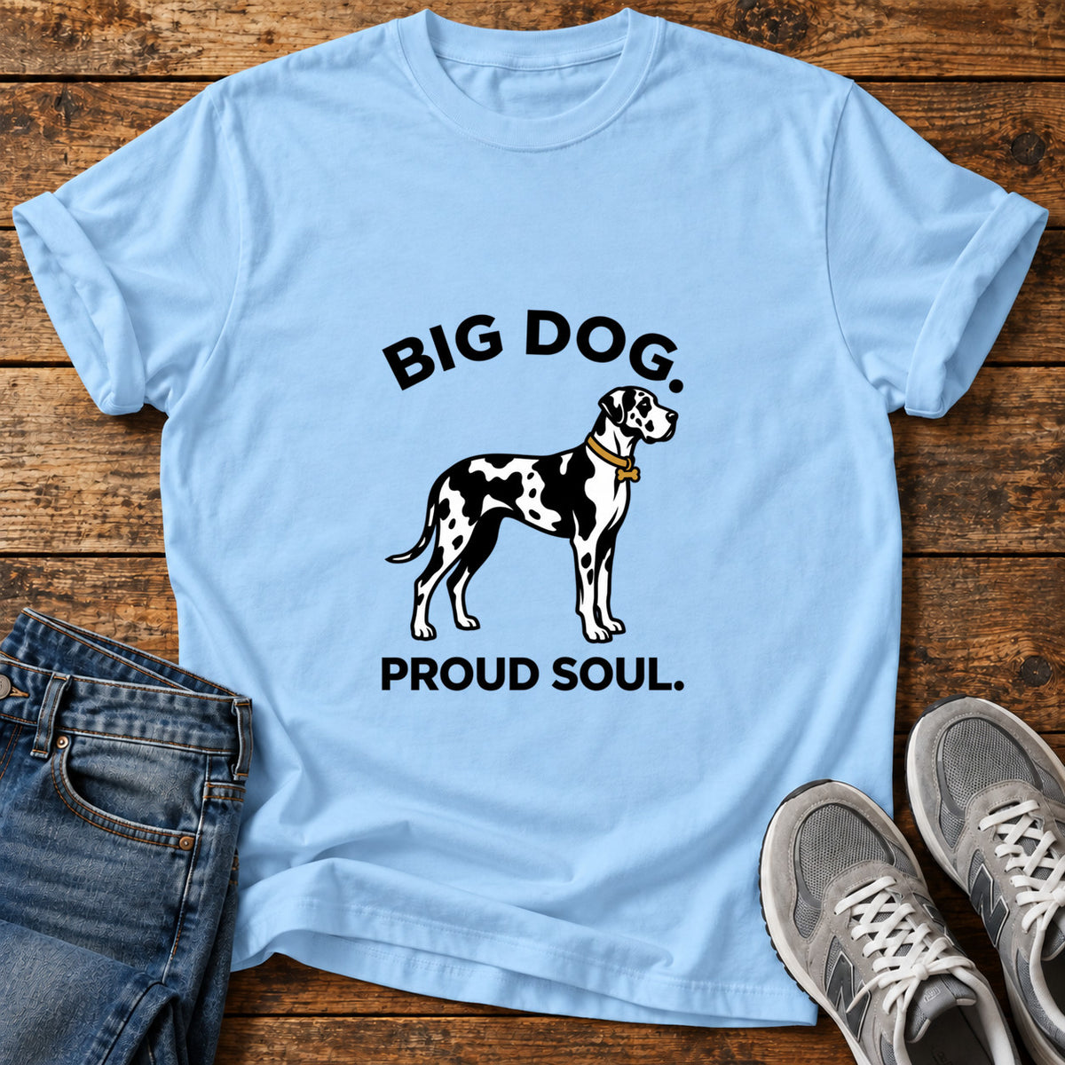 Big Dog Pride Great Dane graphic T-shirt in Light Blue, shown on a flat-lay shirt mockup