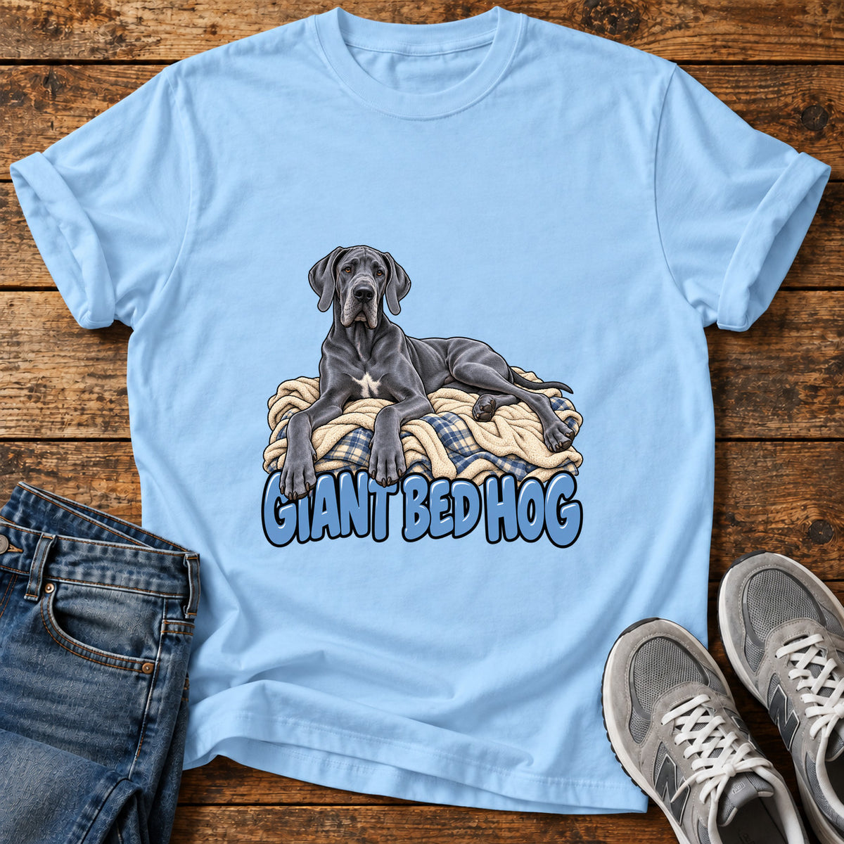 Giant Bed Hog Great Dane graphic T-shirt in Light Blue, shown on a flat-lay shirt mockup