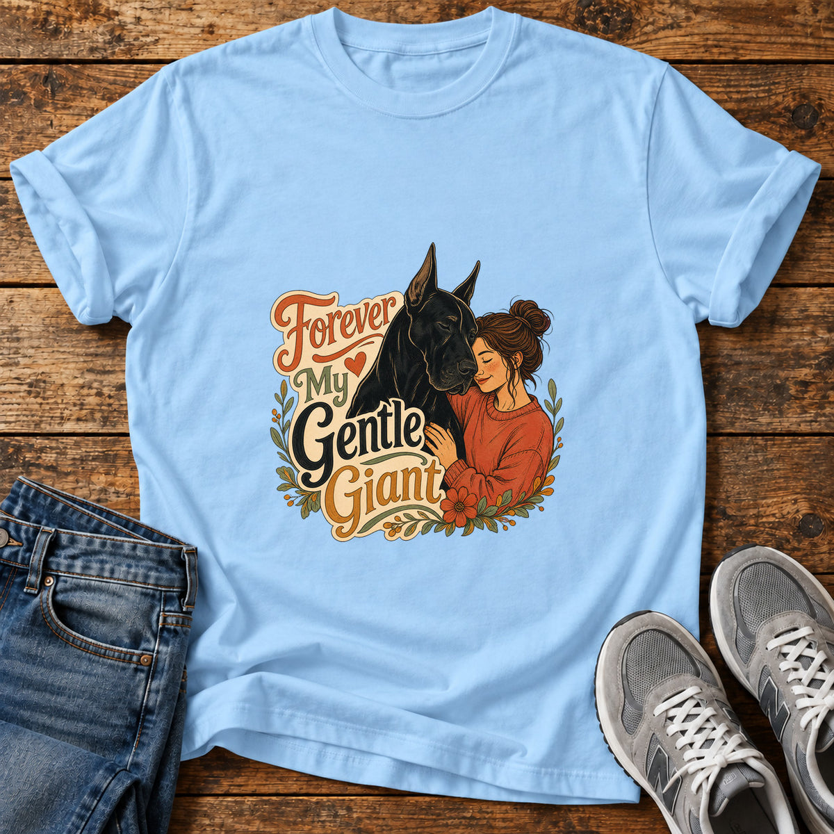 Forever My Giant Great Dane graphic T-shirt in Light Blue, shown on a flat-lay shirt mockup