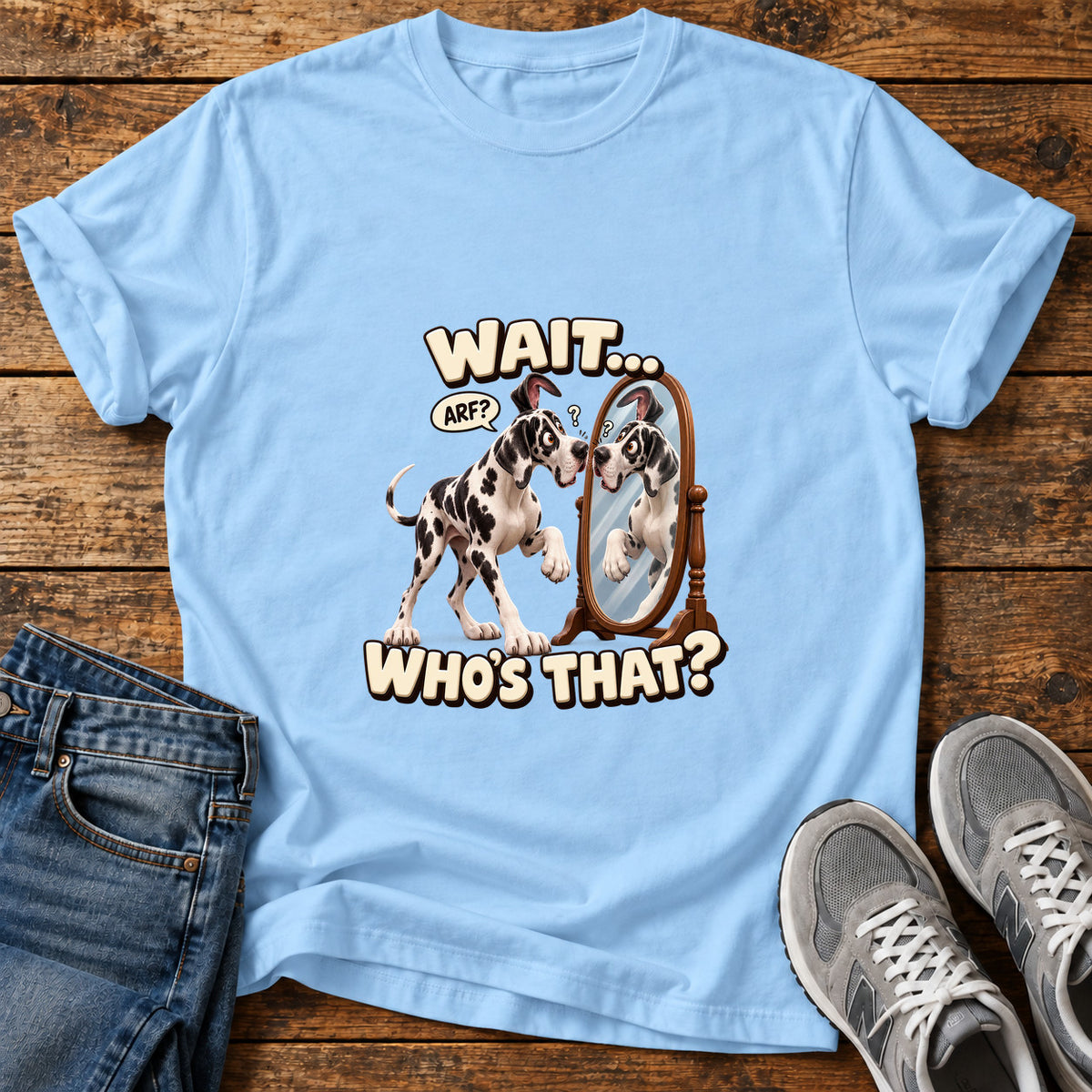Wait Who's That Great Dane graphic T-shirt in Light Blue, shown on a flat-lay shirt mockup