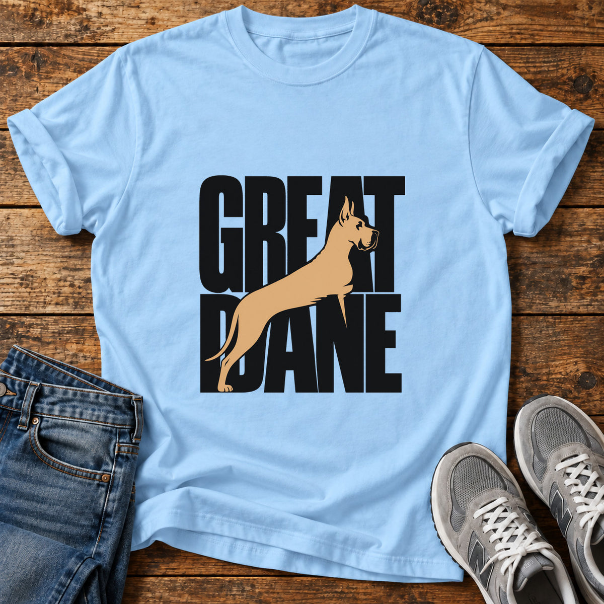 Great Dane Elegance graphic T-shirt in Light Blue, shown on a flat-lay shirt mockup