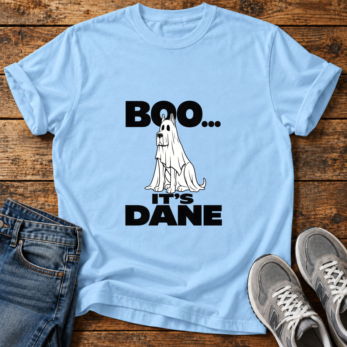 Boo Dane Great Dane graphic T-shirt in Light Blue, shown on a flat-lay shirt mockup