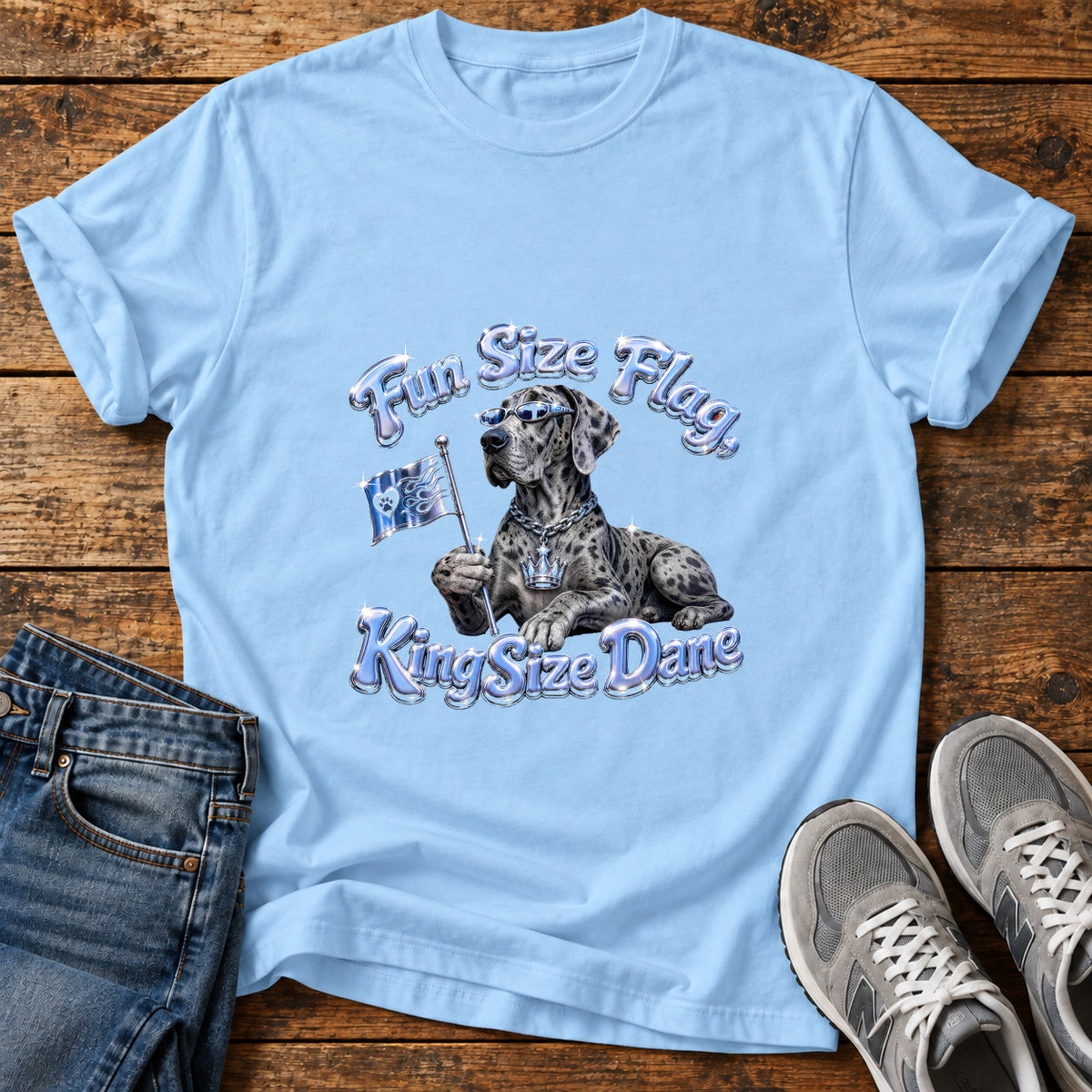 Fun Size Flag Great Dane graphic T-shirt in Light Blue, shown on a flat-lay shirt mockup