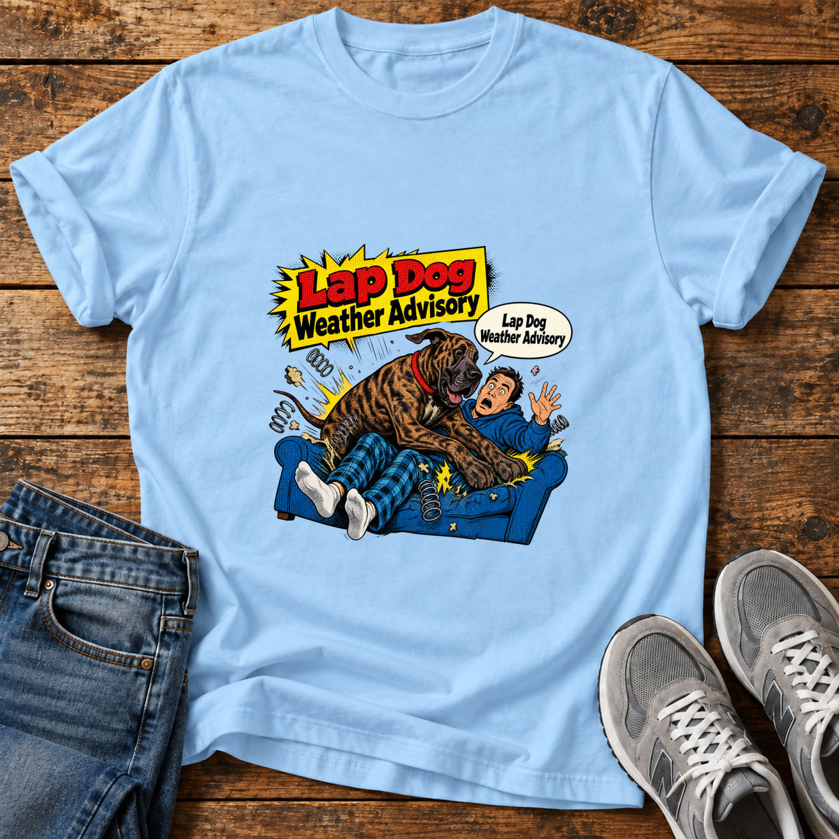 Lap Dog Advisory Great Dane graphic T-shirt in Light Blue, shown on a flat-lay shirt mockup
