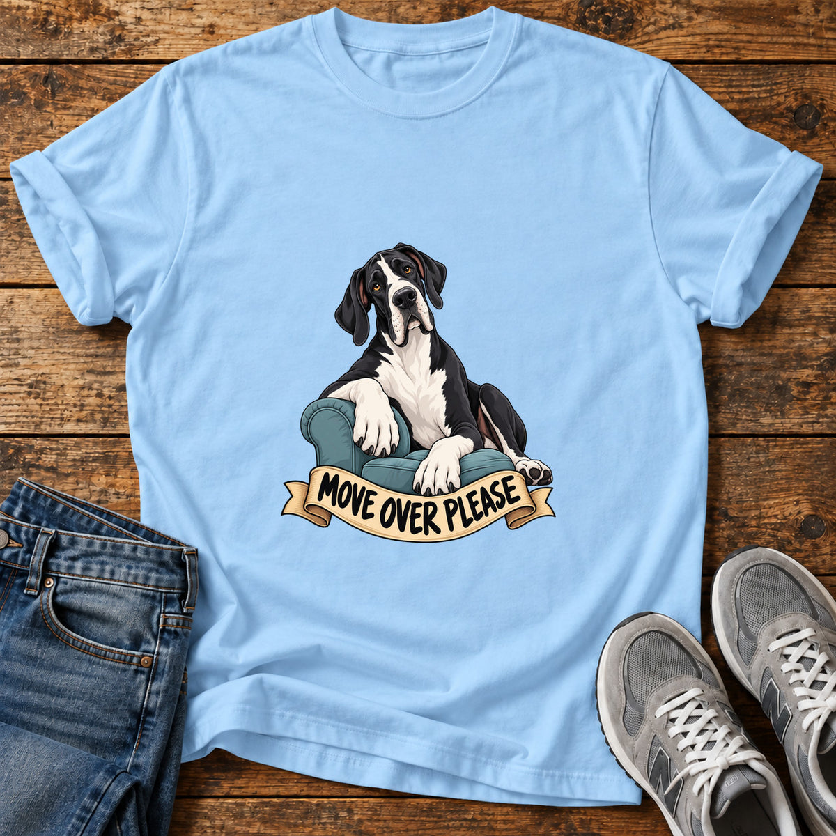 Move Over Please Great Dane graphic T-shirt in Light Blue, shown on a flat-lay shirt mockup