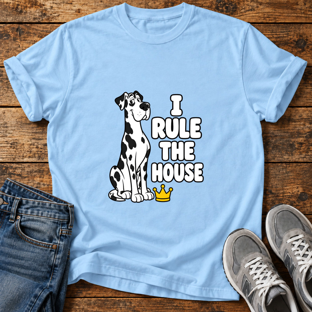 I Rule House Great Dane graphic T-shirt in Light Blue, shown on a flat-lay shirt mockup