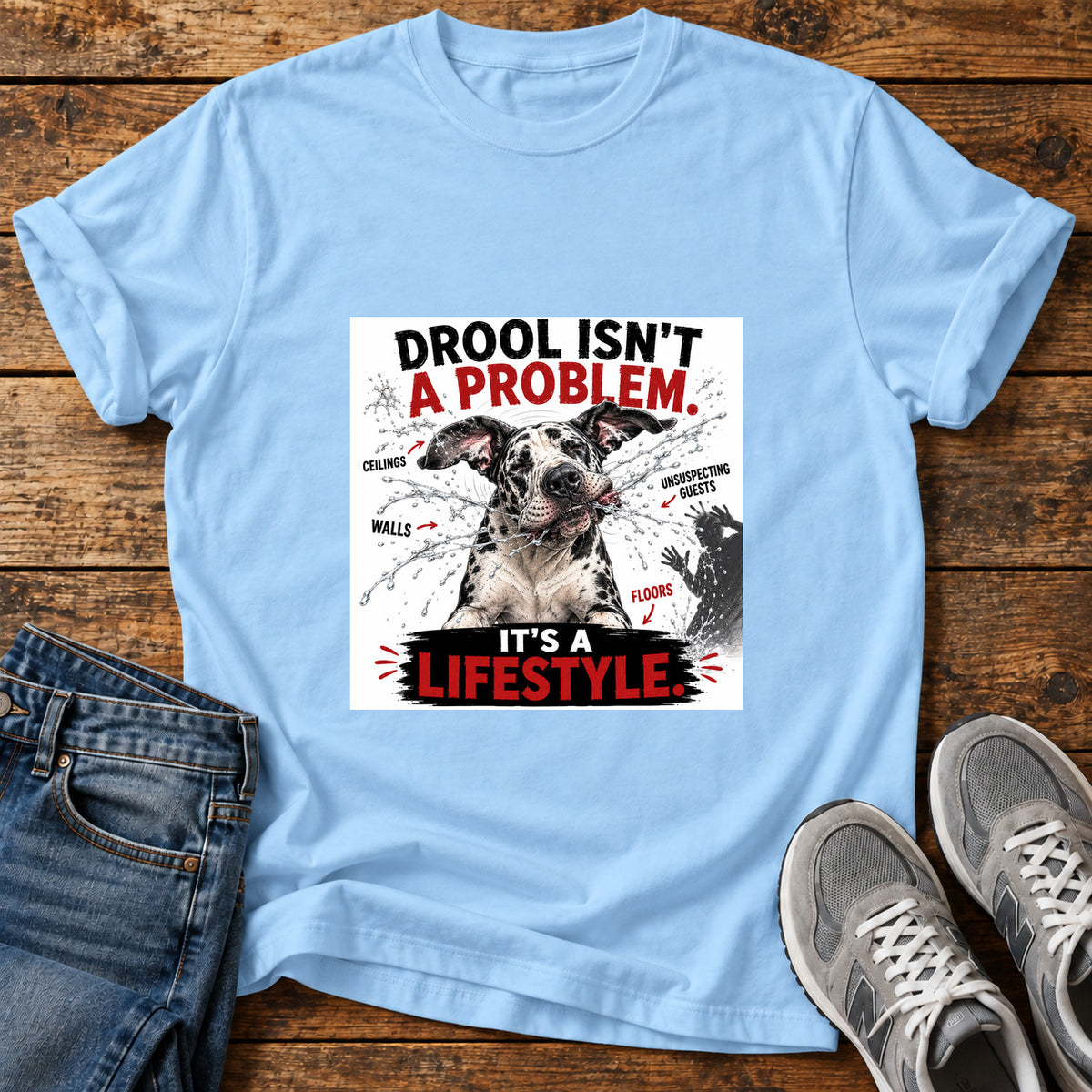 Drool Lifestyle Great Dane graphic T-shirt in Light Blue, shown on a flat-lay shirt mockup
