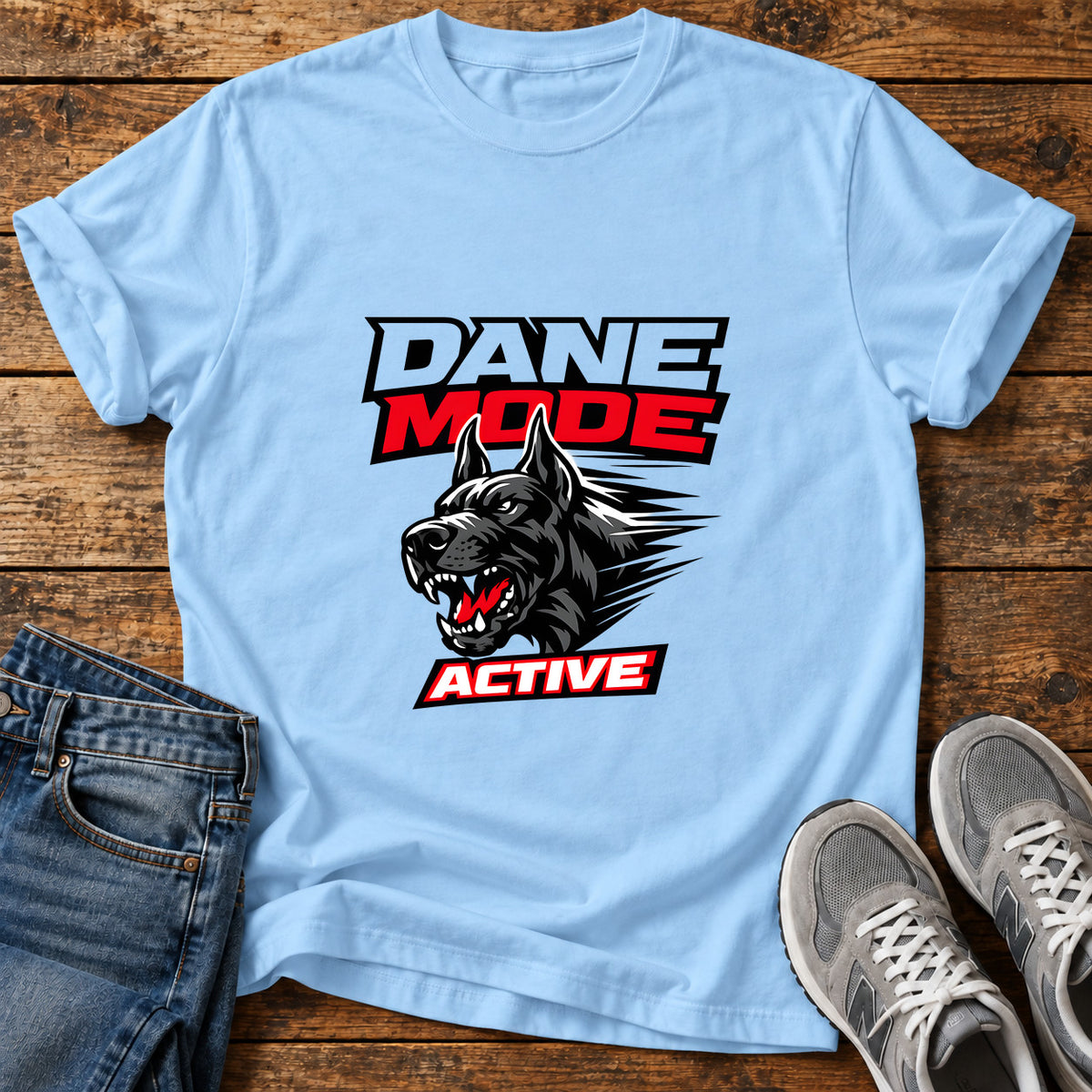Dane Mode Active Great Dane graphic T-shirt in Light Blue, shown on a flat-lay shirt mockup
