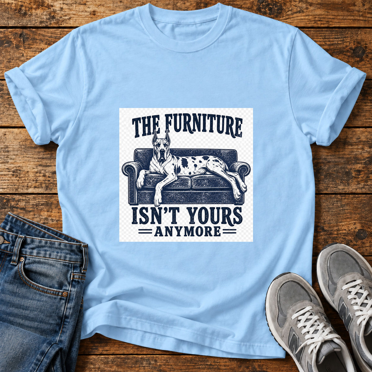 Furniture Takeover Great Dane graphic T-shirt in Light Blue, shown on a flat-lay shirt mockup