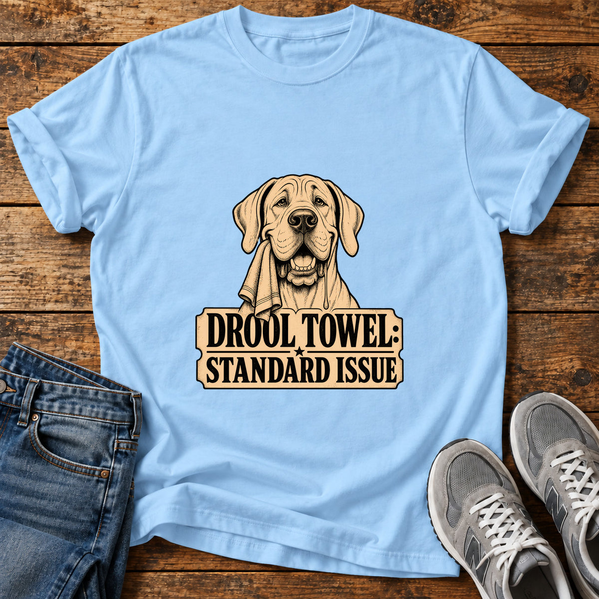 Drool Towel Standard Great Dane graphic T-shirt in Light Blue, shown on a flat-lay shirt mockup