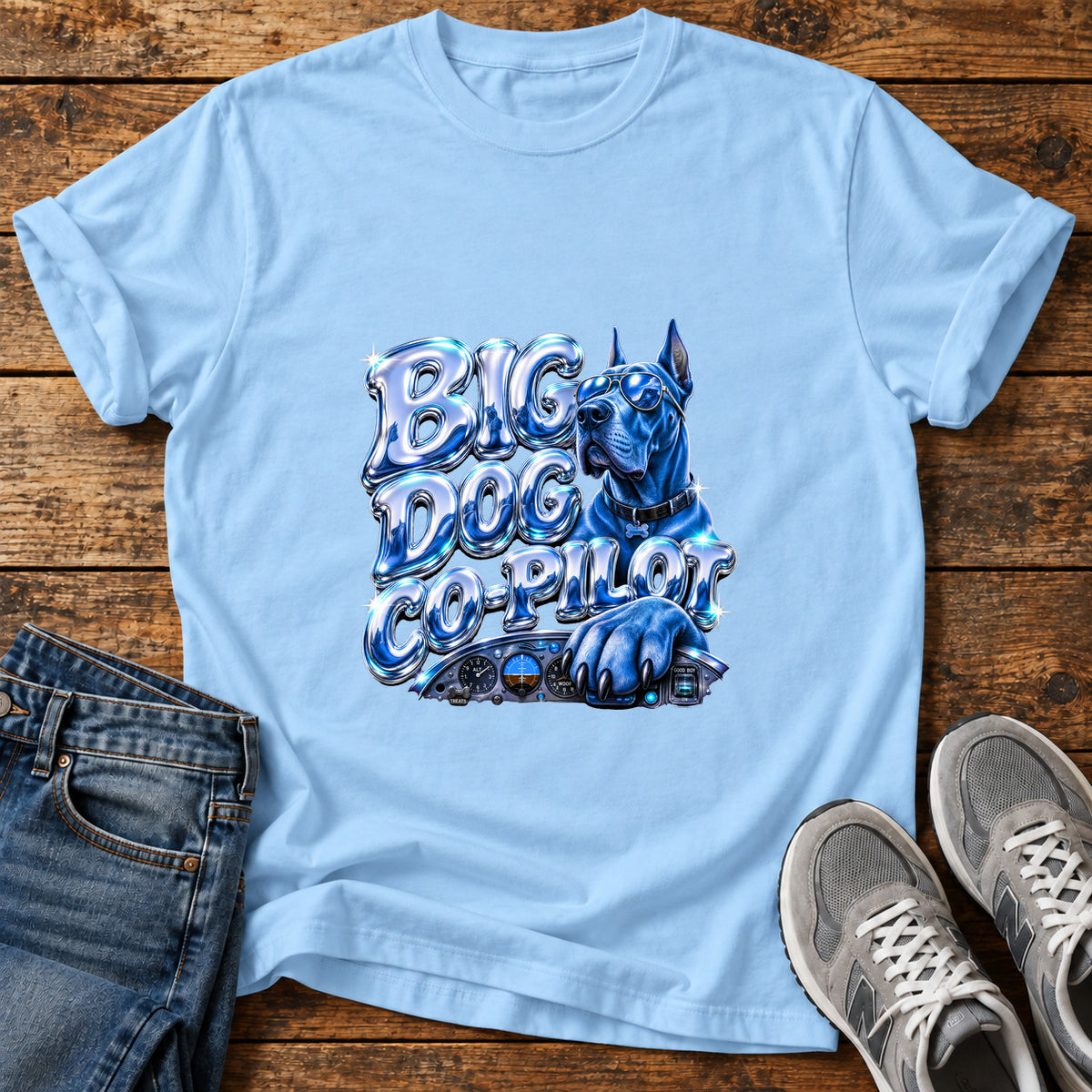 Big Dog Co-Pilot Great Dane graphic T-shirt in Light Blue, shown on a flat-lay shirt mockup