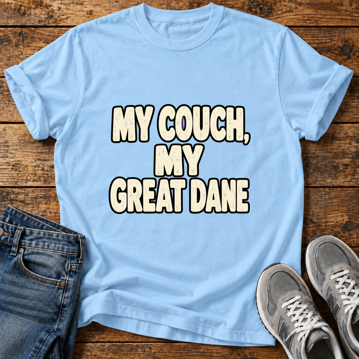 My Great Dane graphic T-shirt in Light Blue, shown on a flat-lay shirt mockup