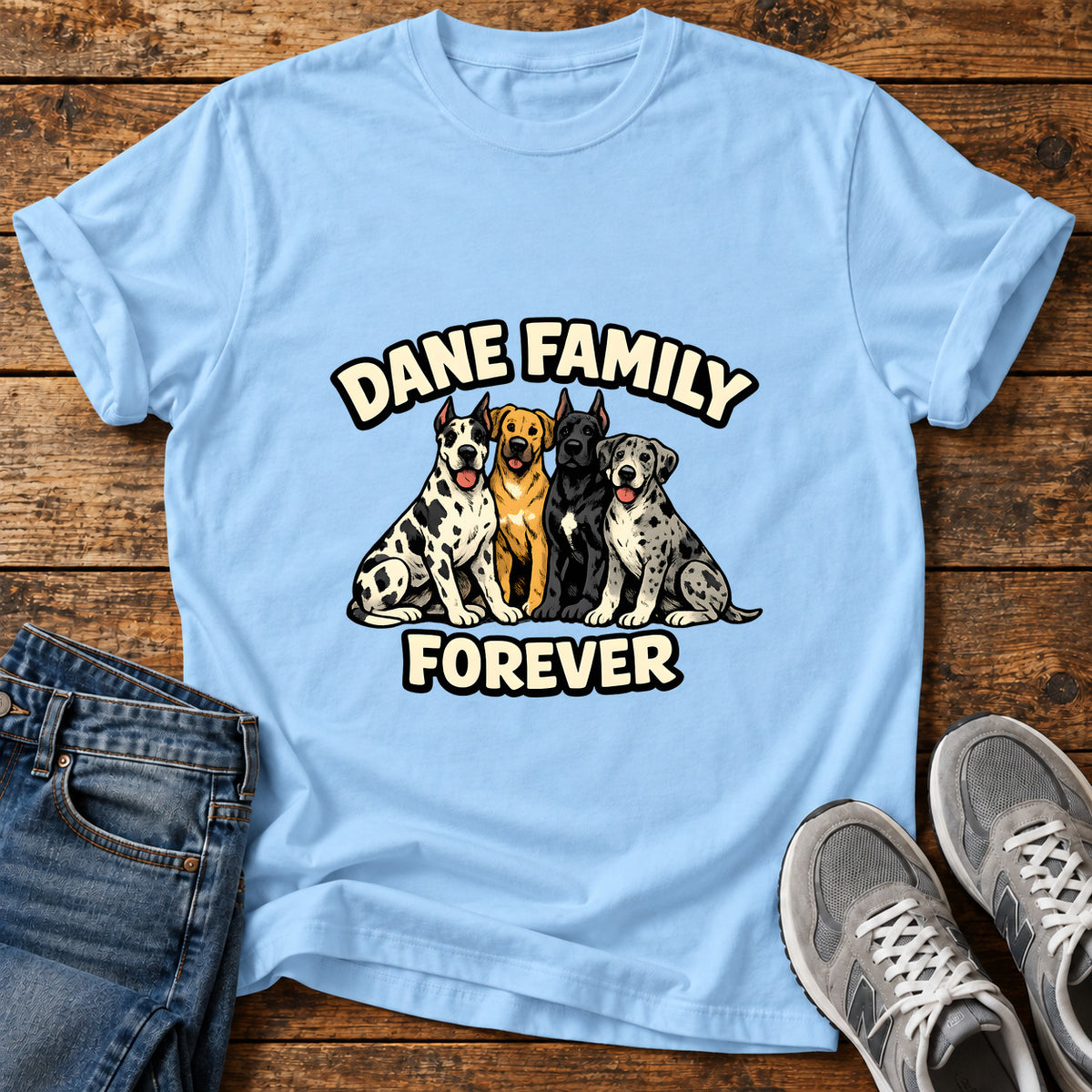 Dane Family Forever Great Dane graphic T-shirt in Light Blue, shown on a flat-lay shirt mockup