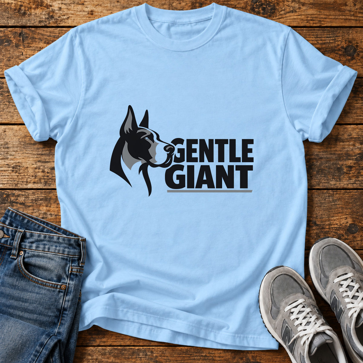 Gentle Giant Great Dane graphic T-shirt in Light Blue, shown on a flat-lay shirt mockup