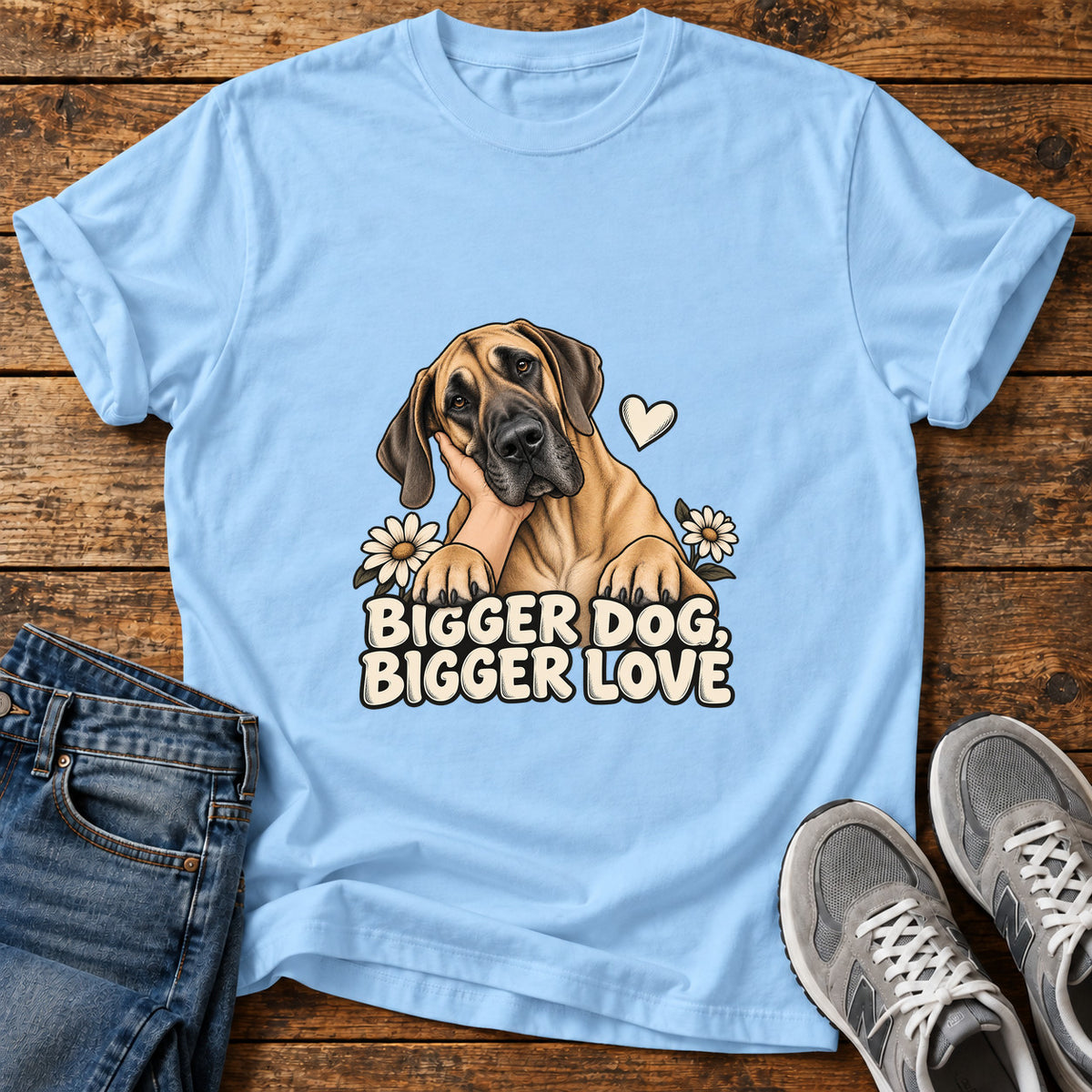 Bigger Love Great Dane graphic T-shirt in Light Blue, shown on a flat-lay shirt mockup