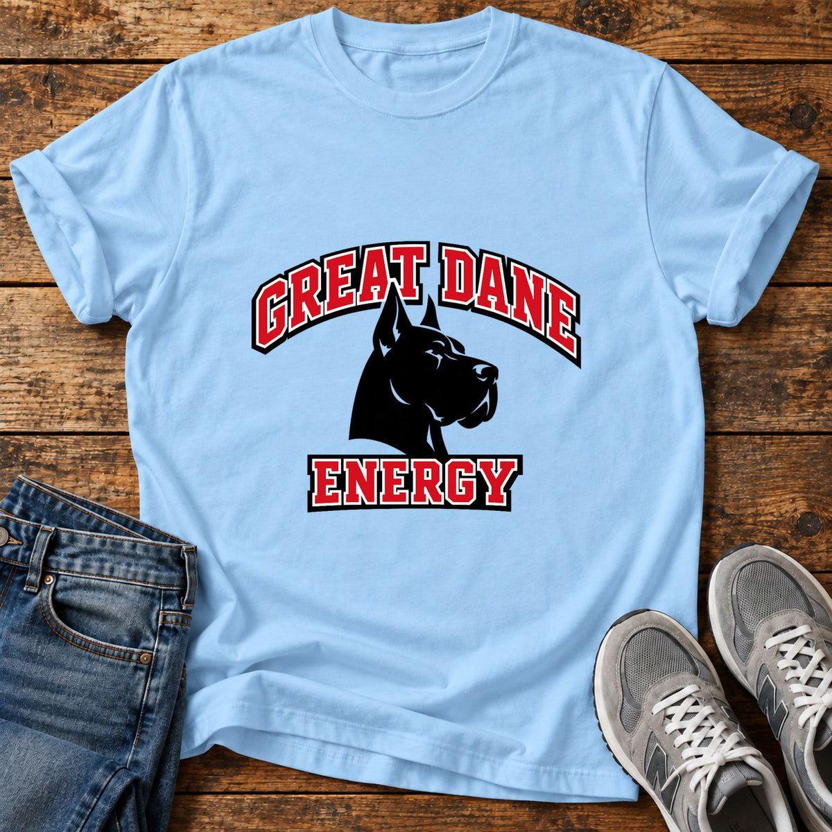 Great Dane Energy graphic T-shirt in Light Blue, shown on a flat-lay shirt mockup
