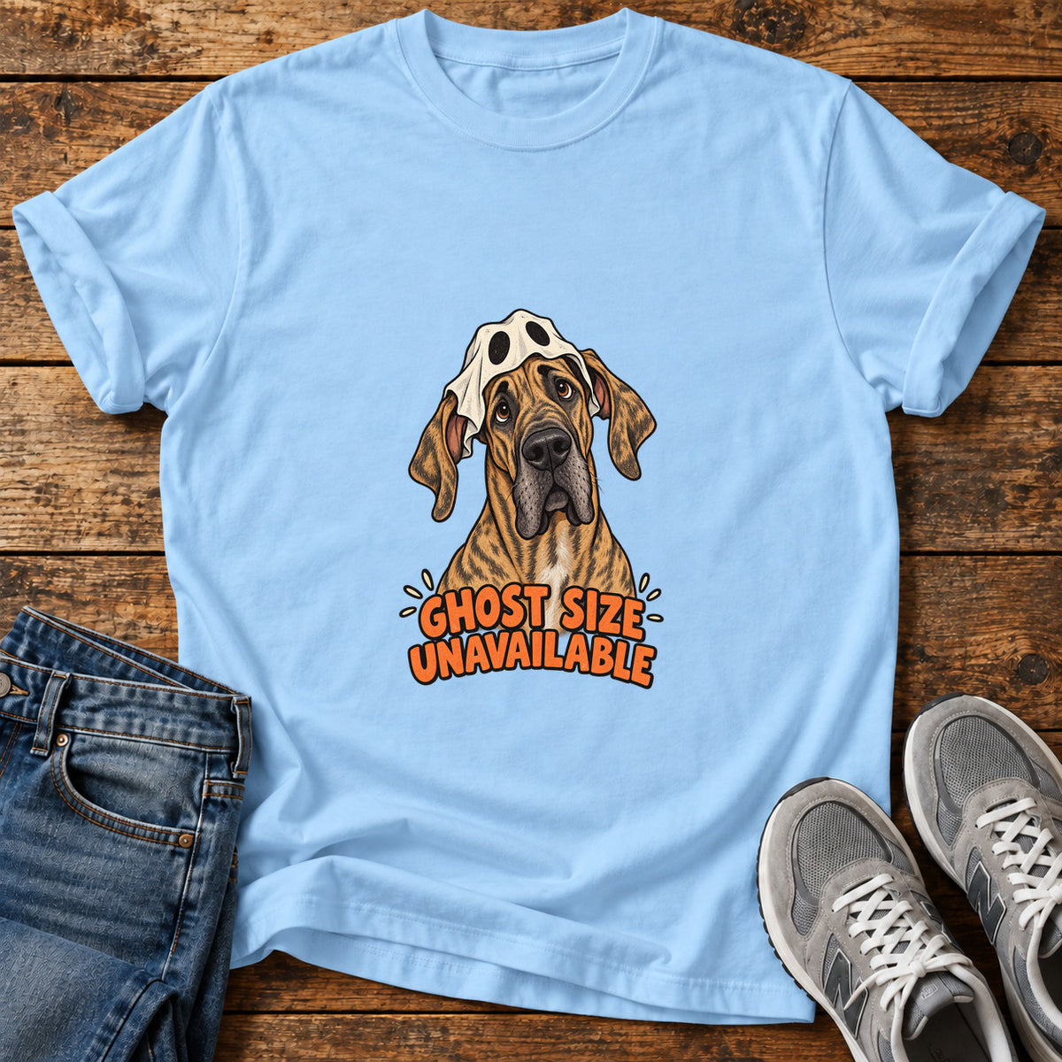 Ghost Size Unavailable Great Dane graphic T-shirt in Light Blue, shown on a flat-lay shirt mockup