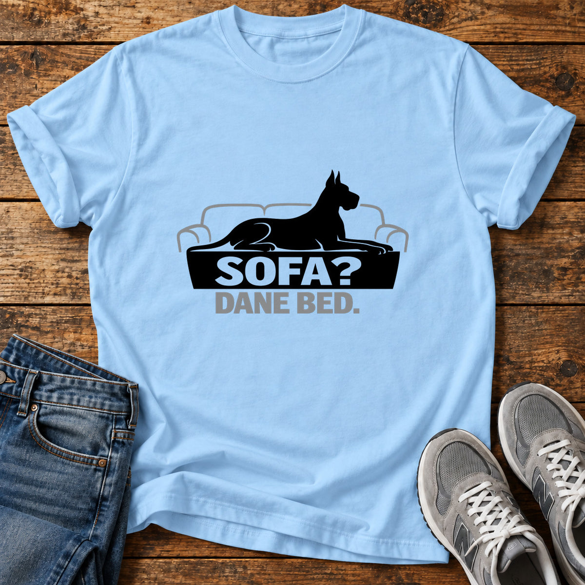 Sofa Dane Bed Great Dane graphic T-shirt in Light Blue, shown on a flat-lay shirt mockup
