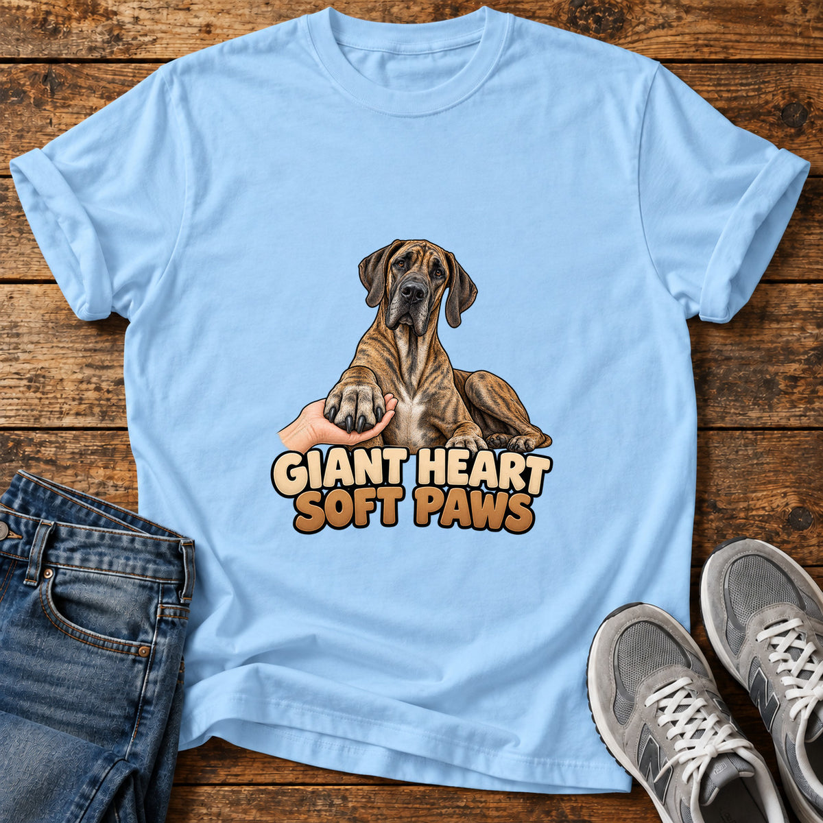 Giant Heart Great Dane graphic T-shirt in Light Blue, shown on a flat-lay shirt mockup