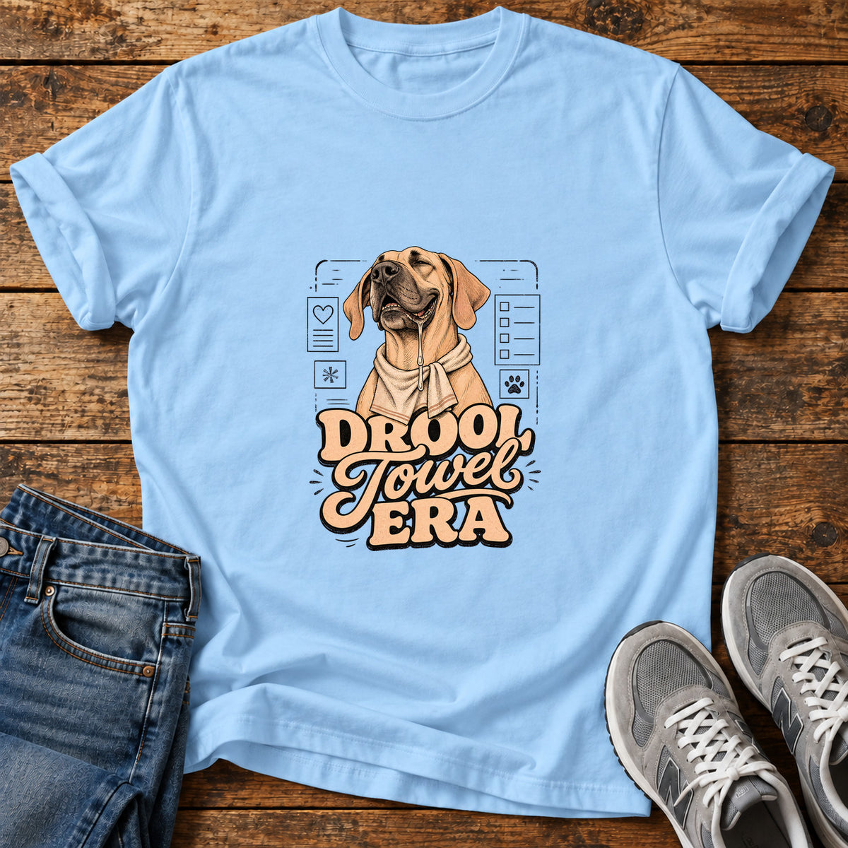 Drool Towel Era Great Dane graphic T-shirt in Light Blue, shown on a flat-lay shirt mockup