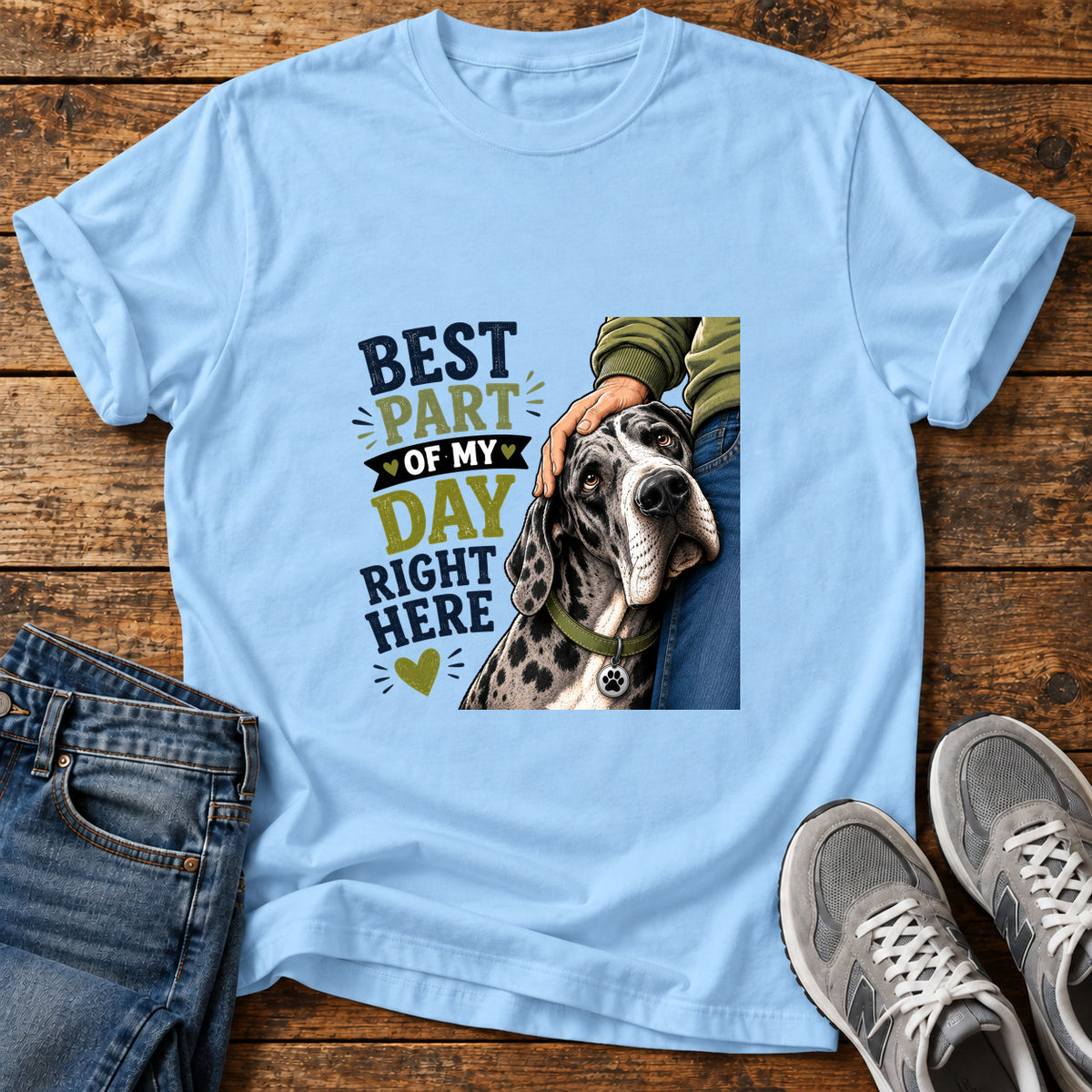 Best Part Day Great Dane graphic T-shirt in Light Blue, shown on a flat-lay shirt mockup