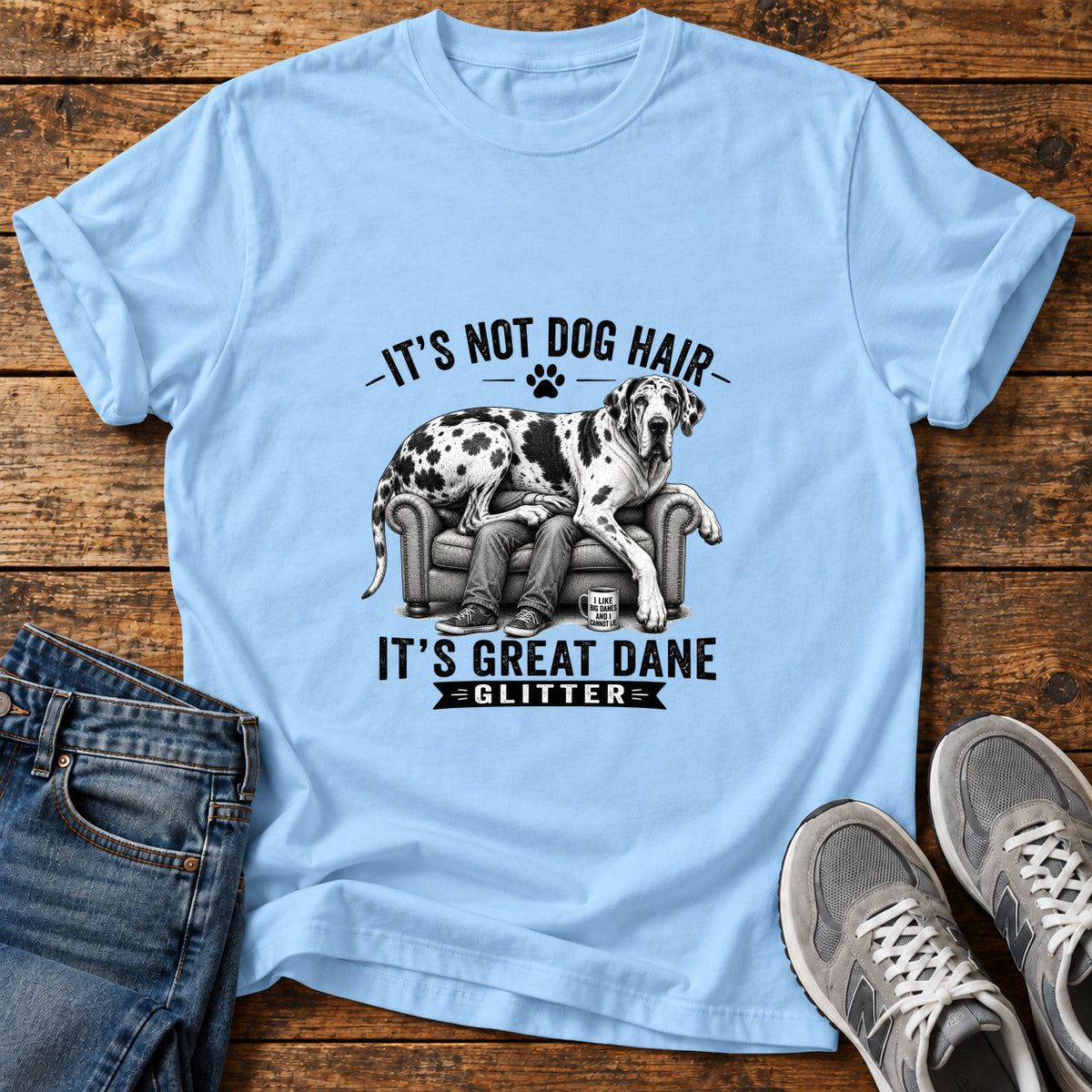 Great Dane Glitter graphic T-shirt in Light Blue, shown on a flat-lay shirt mockup