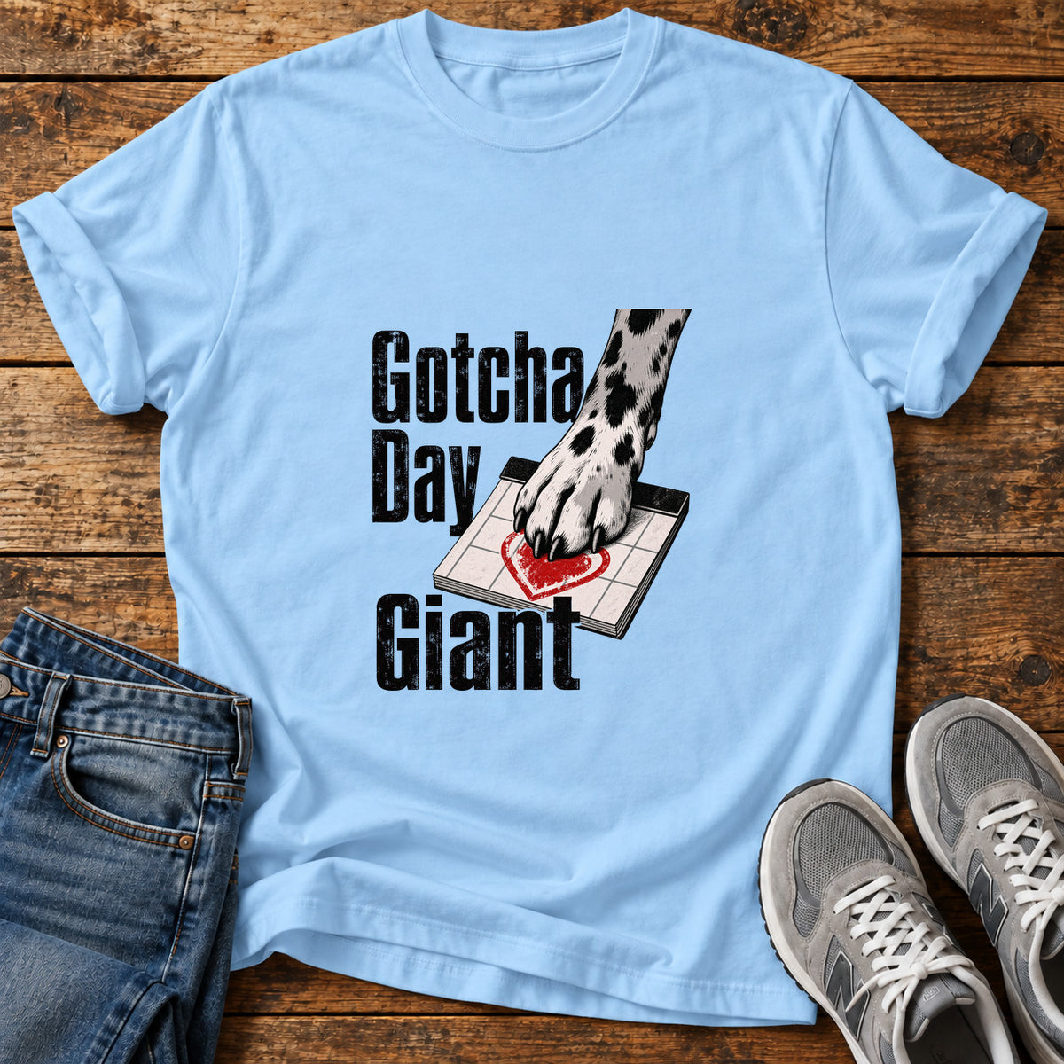 Gotcha Day Giant Great Dane graphic T-shirt in Light Blue, shown on a flat-lay shirt mockup
