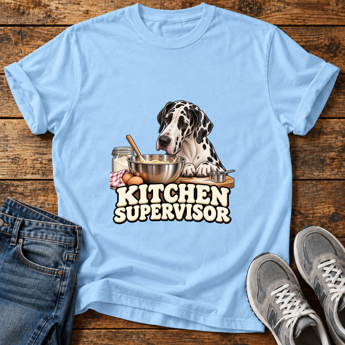 Kitchen Supervisor Great Dane graphic T-shirt in Light Blue, shown on a flat-lay shirt mockup