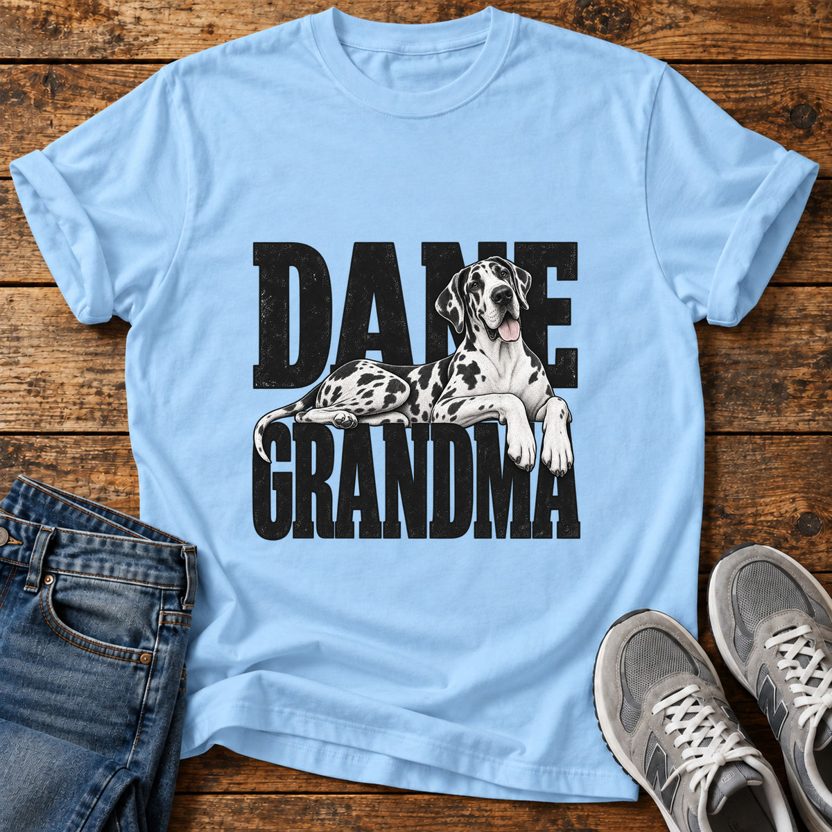Dane Grandma Great Dane graphic T-shirt in Light Blue, shown on a flat-lay shirt mockup