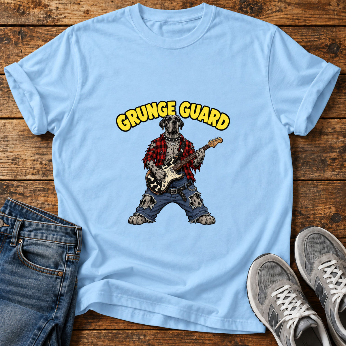 Grunge Guard Great Dane graphic T-shirt in Light Blue, shown on a flat-lay shirt mockup