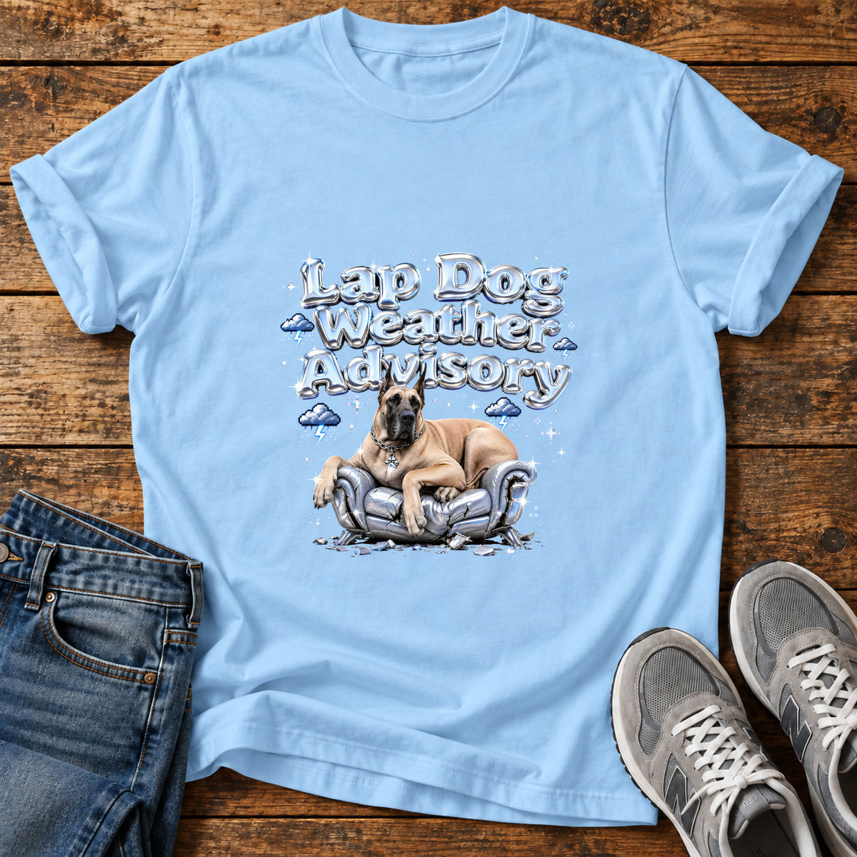 Lap Dog Advisory Great Dane graphic T-shirt in Light Blue, shown on a flat-lay shirt mockup