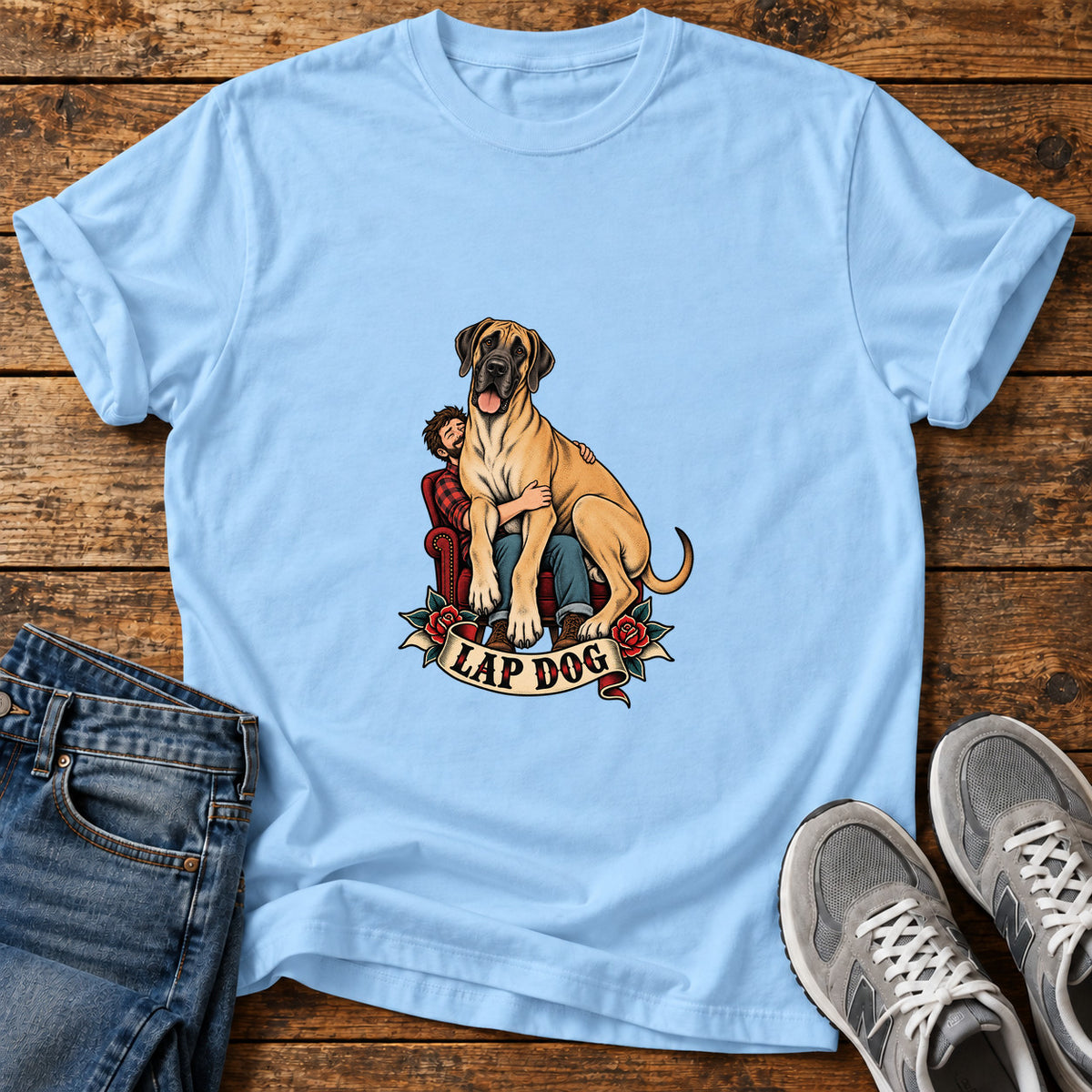 Lap Dog Great Dane graphic T-shirt in Light Blue, shown on a flat-lay shirt mockup
