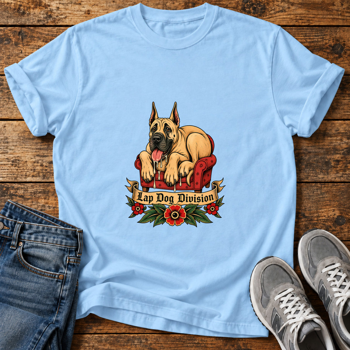 Lap Dog Division Great Dane graphic T-shirt in Light Blue, shown on a flat-lay shirt mockup