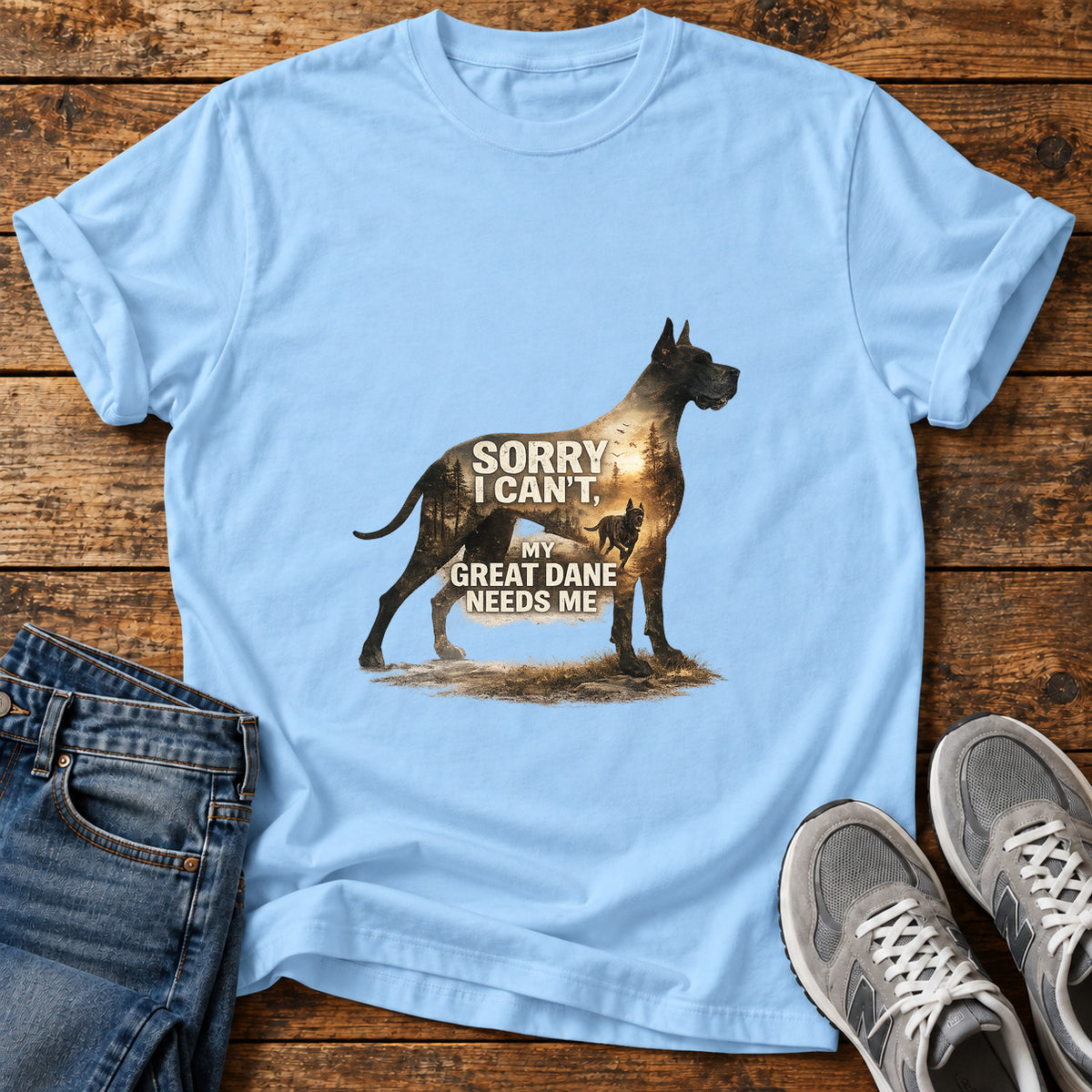 Great Dane Love graphic T-shirt in Light Blue, shown on a flat-lay shirt mockup