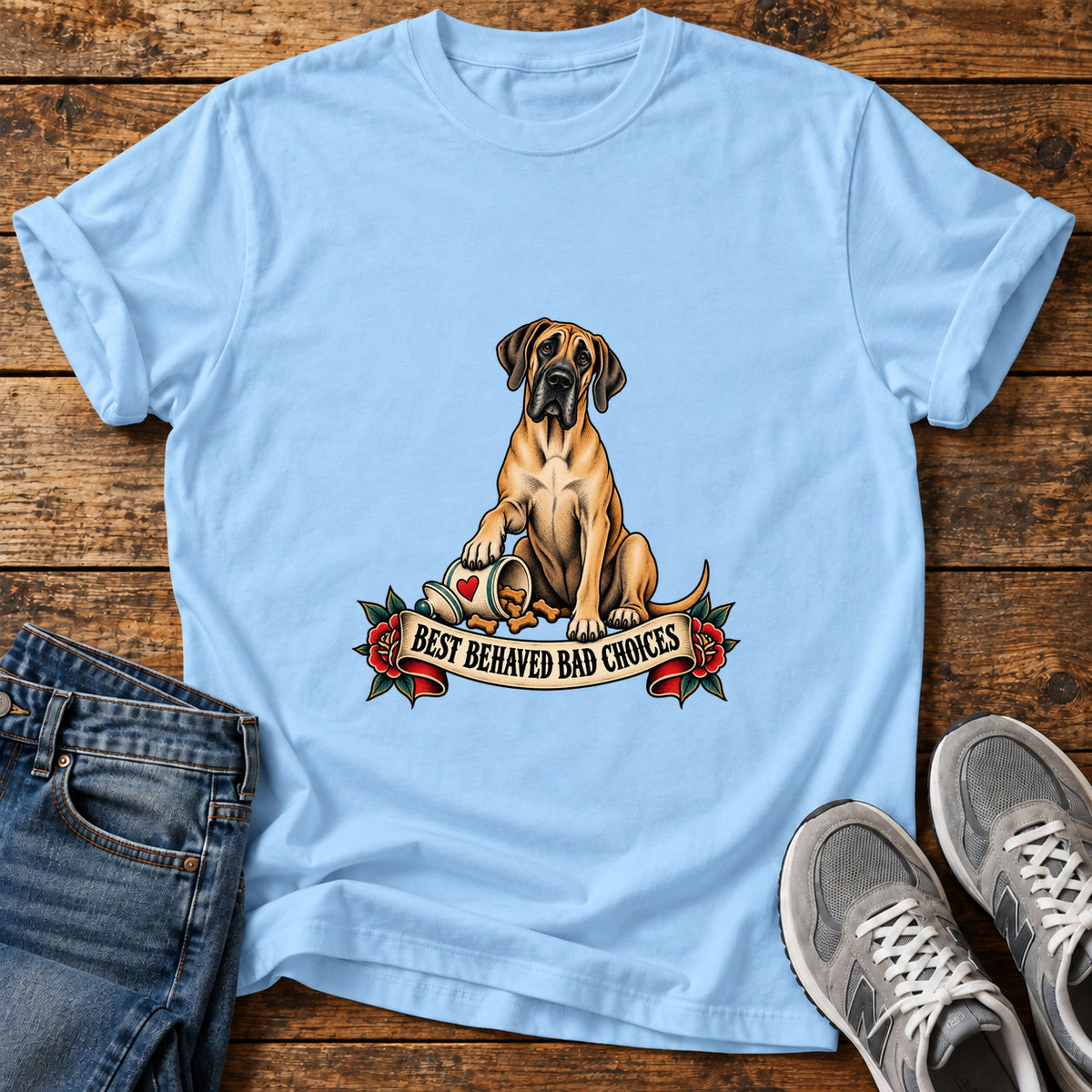 Bad Choices Pooch Great Dane graphic T-shirt in Light Blue, shown on a flat-lay shirt mockup