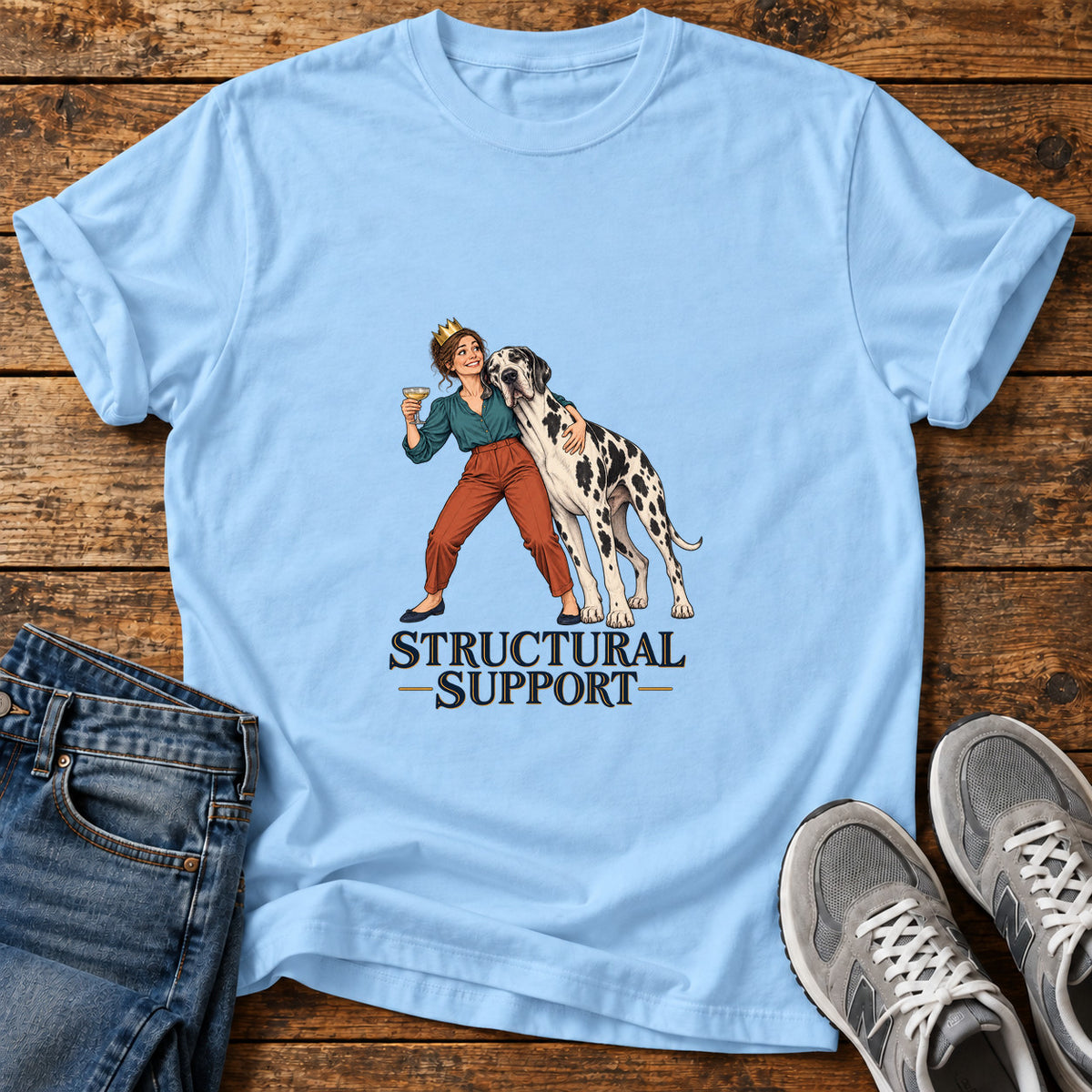 Structural Support Great Dane graphic T-shirt in Light Blue, shown on a flat-lay shirt mockup