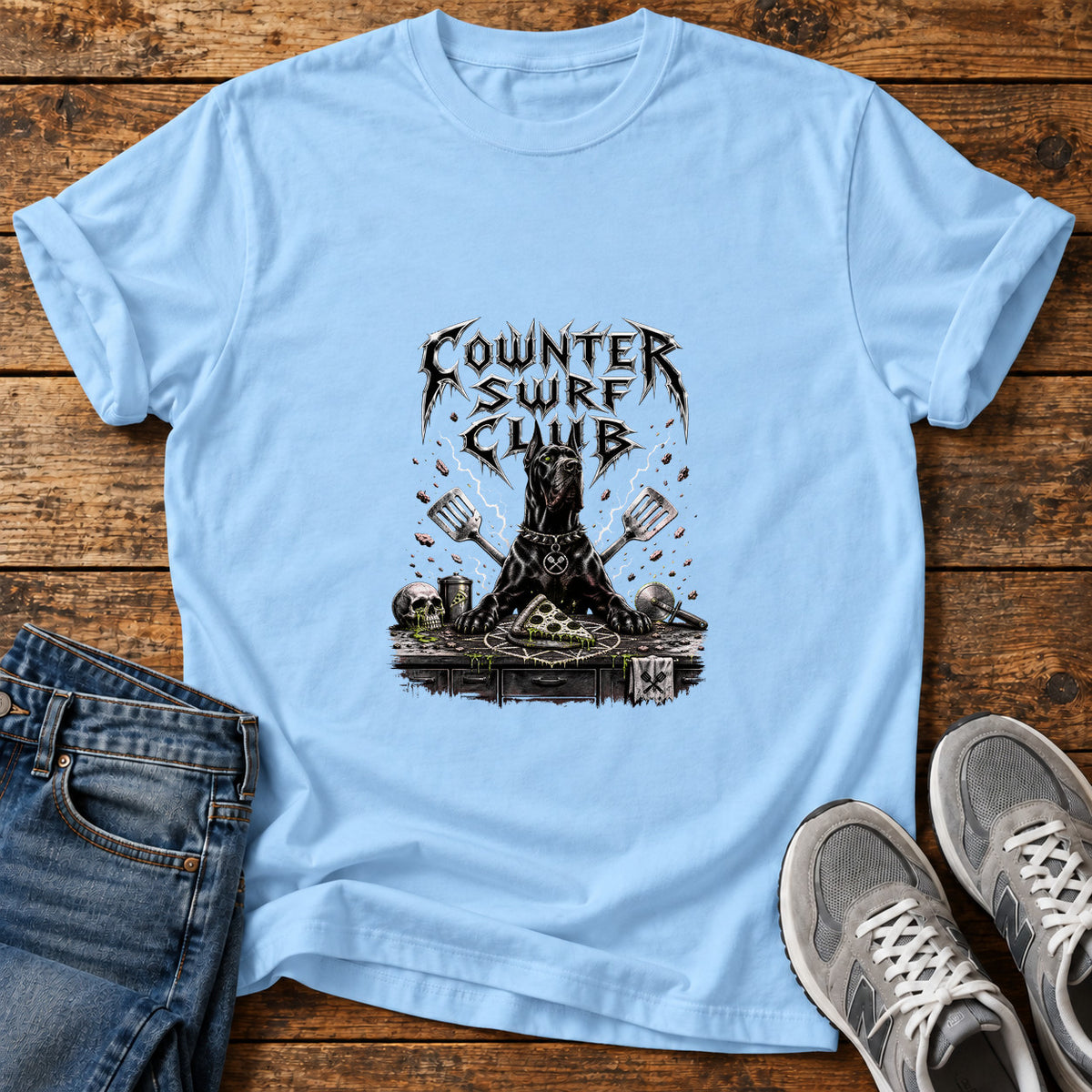Counter Surf Club Great Dane graphic T-shirt in Light Blue, shown on a flat-lay shirt mockup